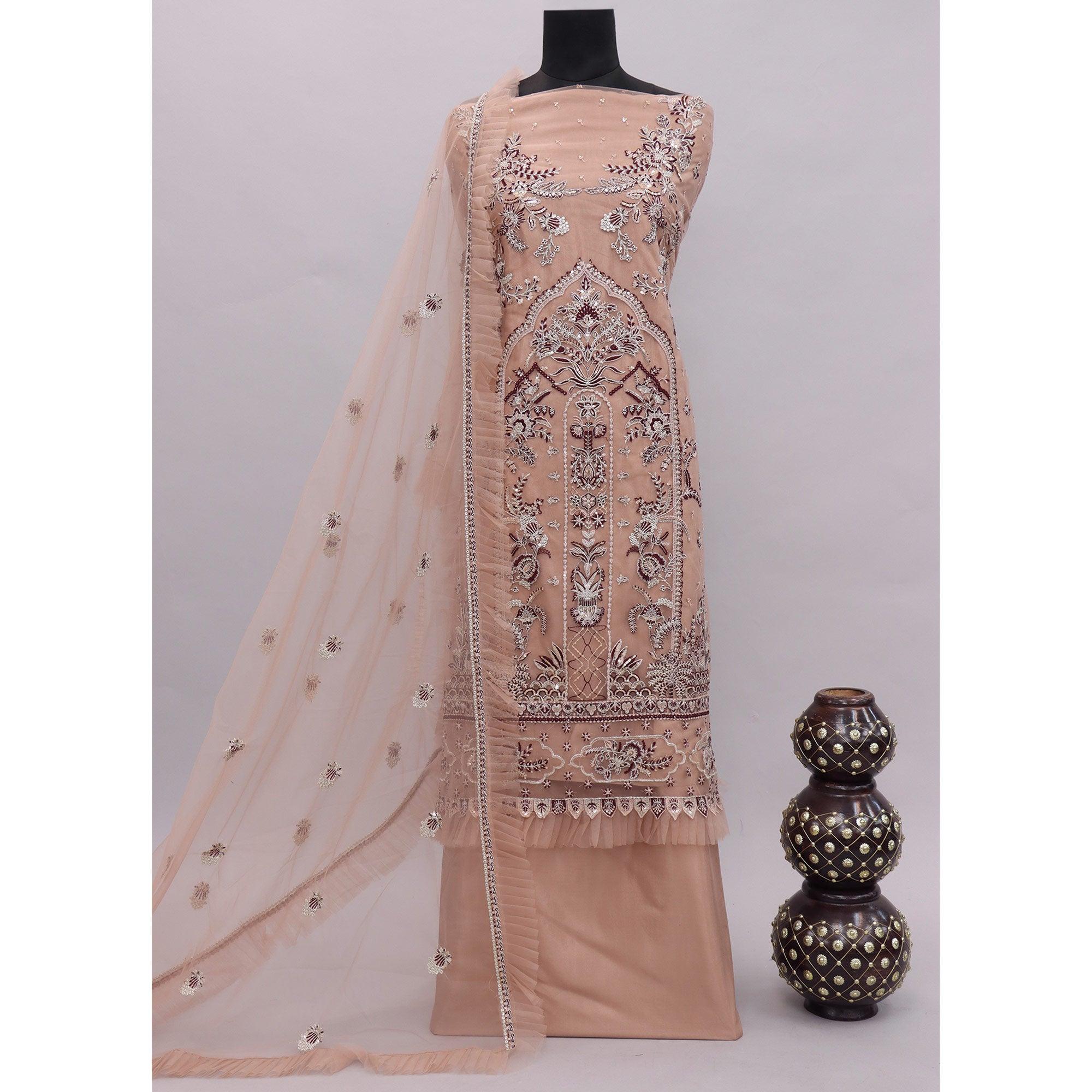 Brown Embroidered Netted Pakistani Suit - Peachmode