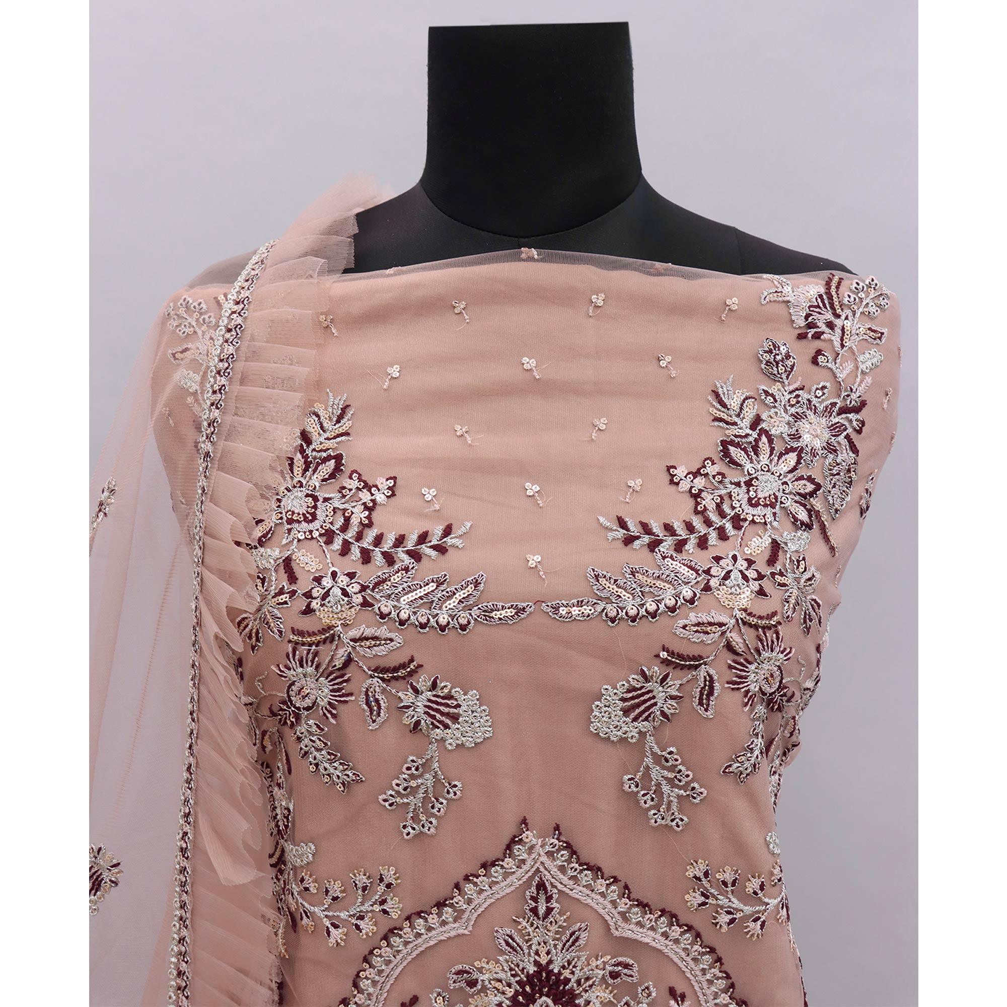 Brown Embroidered Netted Pakistani Suit - Peachmode