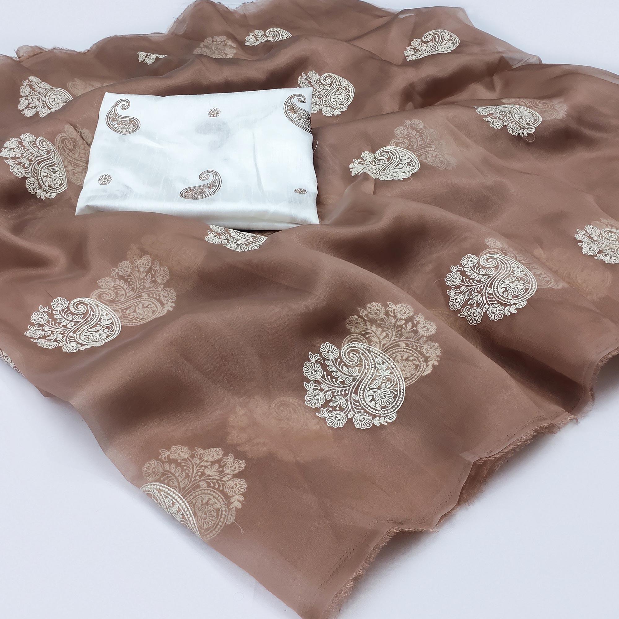 Brown Embroidered Organza Saree - Peachmode