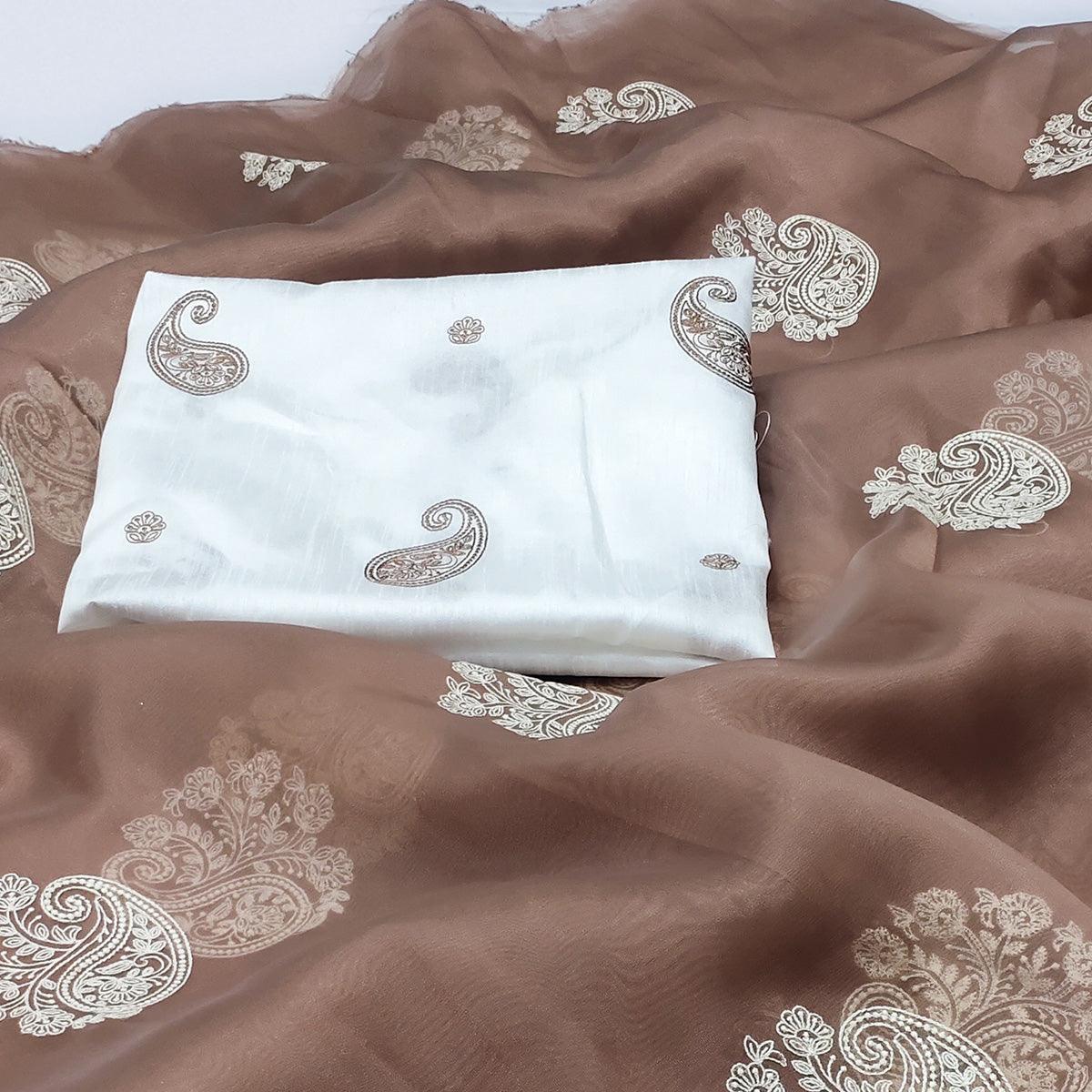 Brown Embroidered Organza Saree - Peachmode