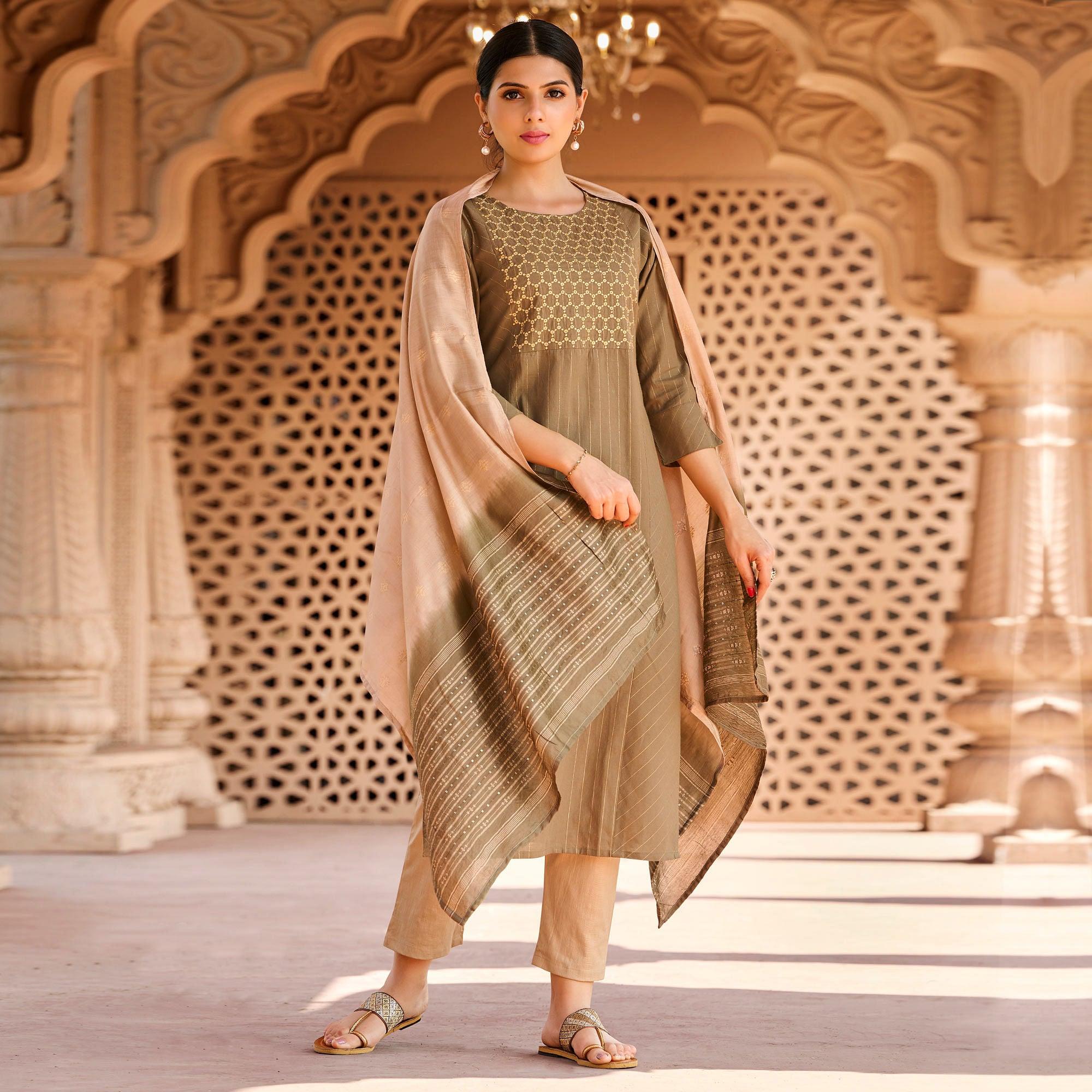 Brown Embroidered Pure Cotton Cotton Kurti Pant Set With Dupatta - Peachmode