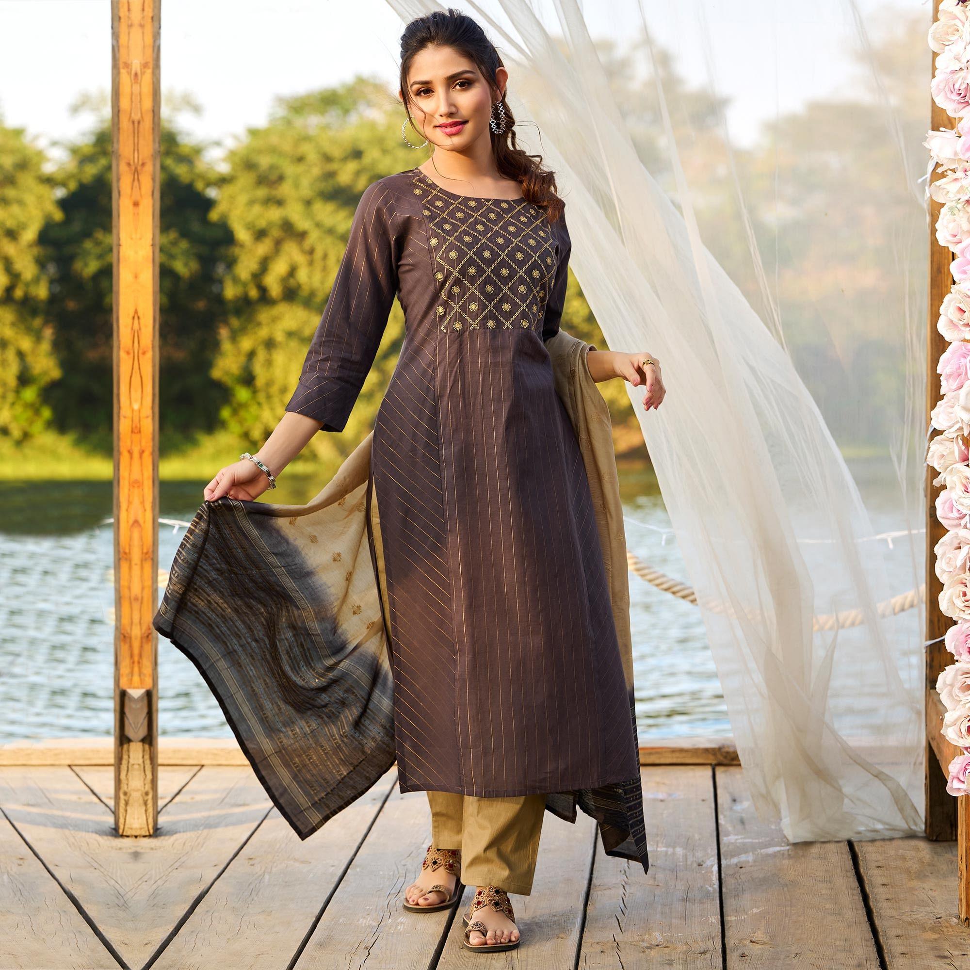 Brown Embroidered Pure Cotton Kurti Pant Set With Dupatta - Peachmode