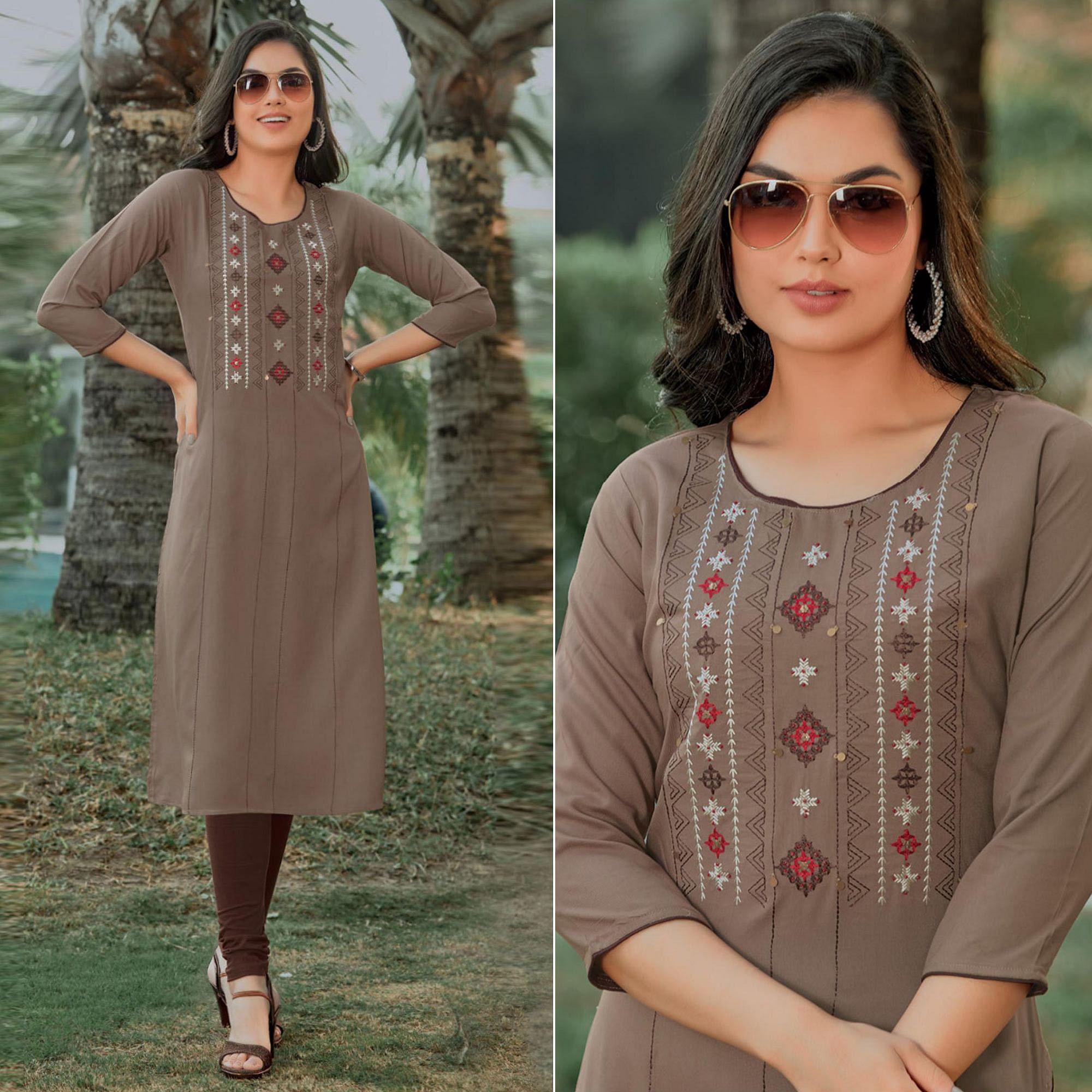 Brown Embroidered Pure Cotton Kurti - Peachmode