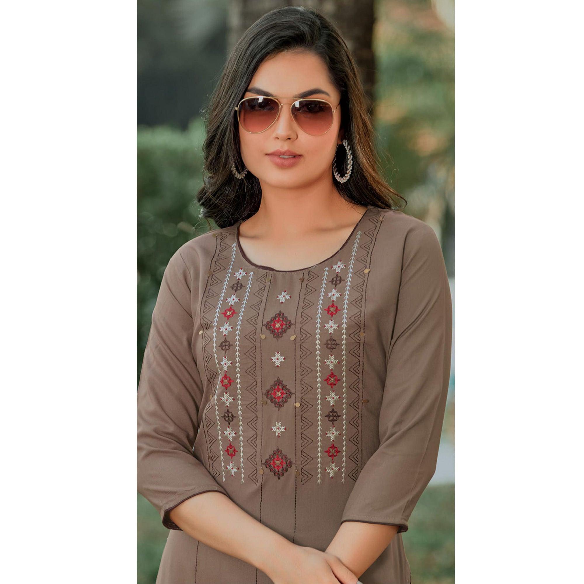 Brown Embroidered Pure Cotton Kurti - Peachmode