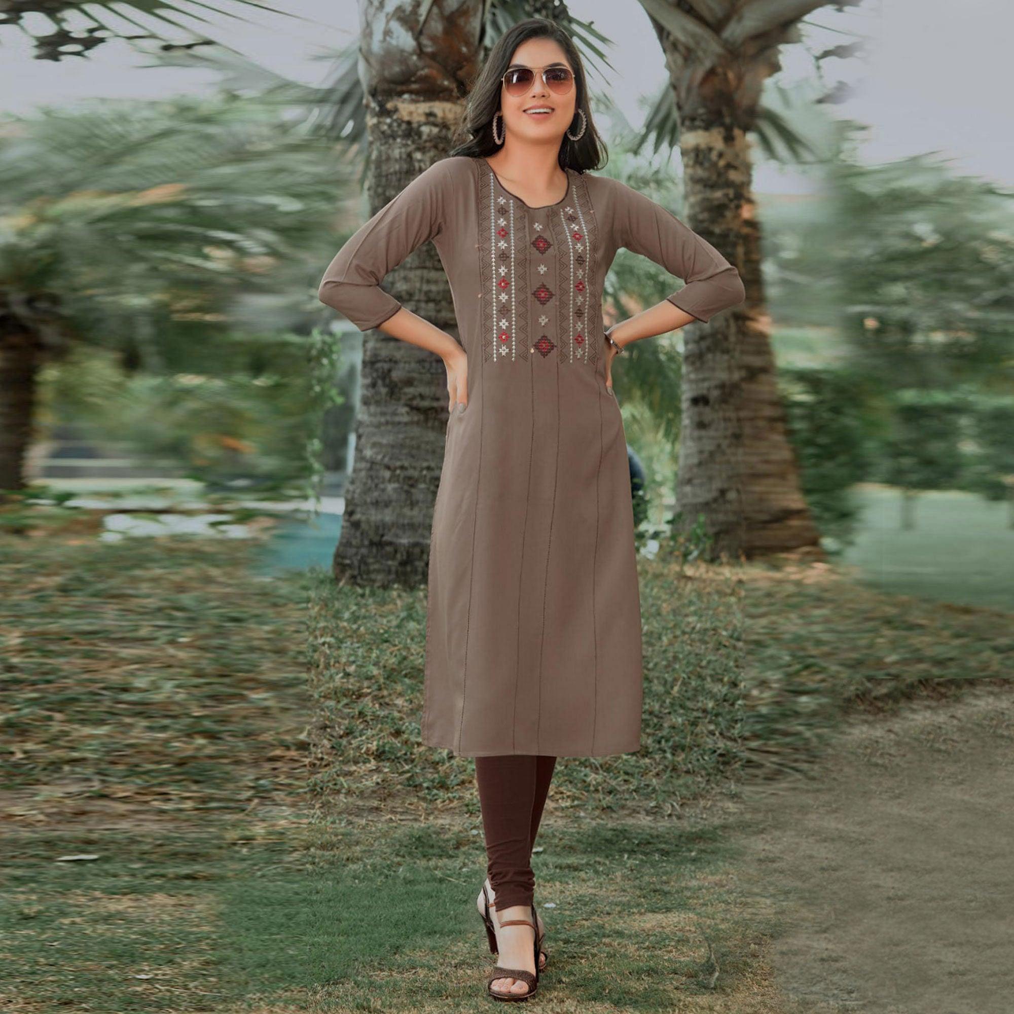 Brown Embroidered Pure Cotton Kurti - Peachmode