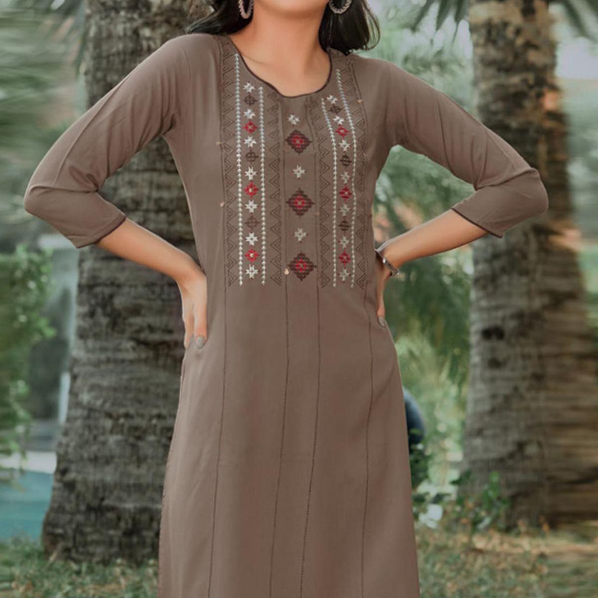 Brown Embroidered Pure Cotton Kurti - Peachmode