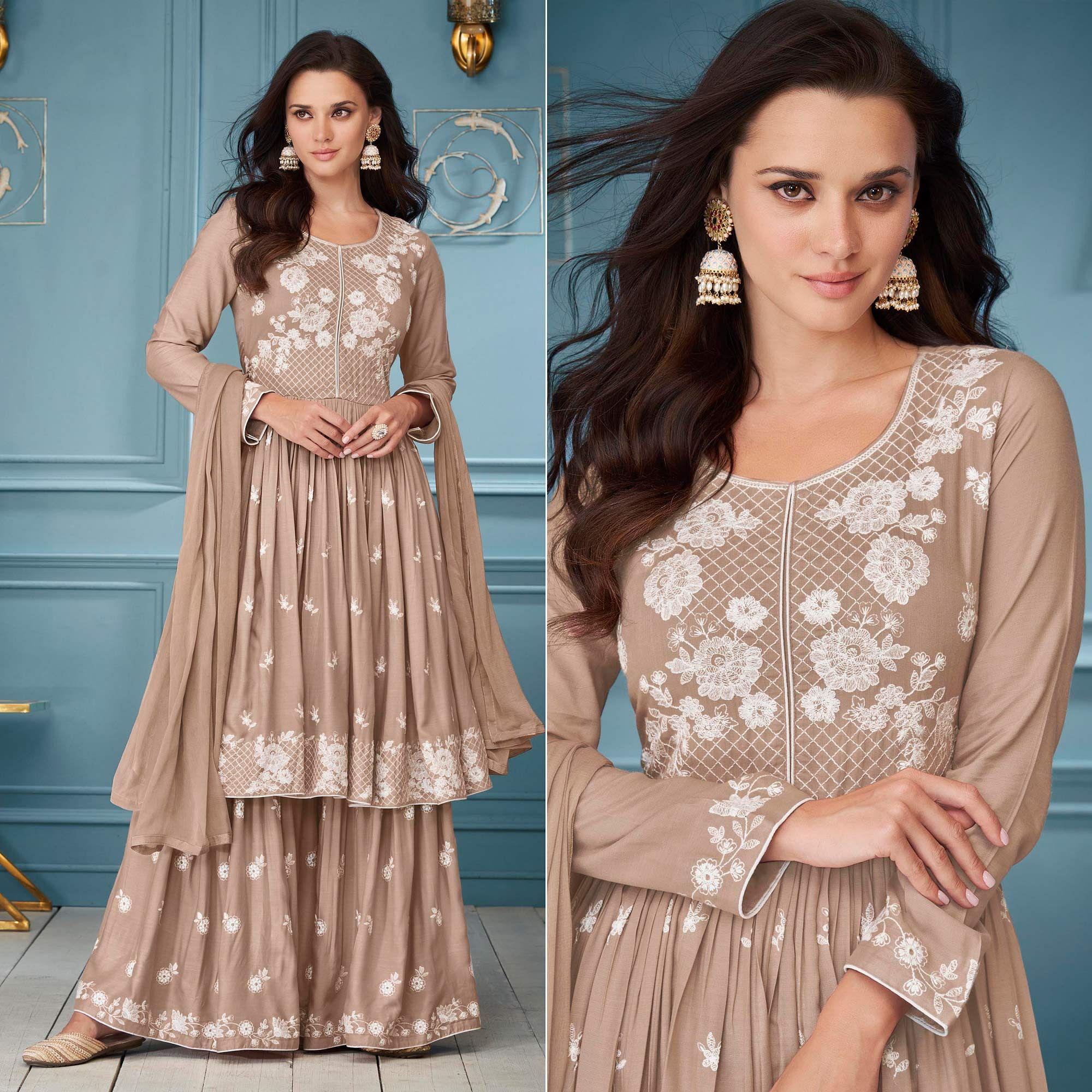 Brown Embroidered Rayon Sharara Suit - Peachmode