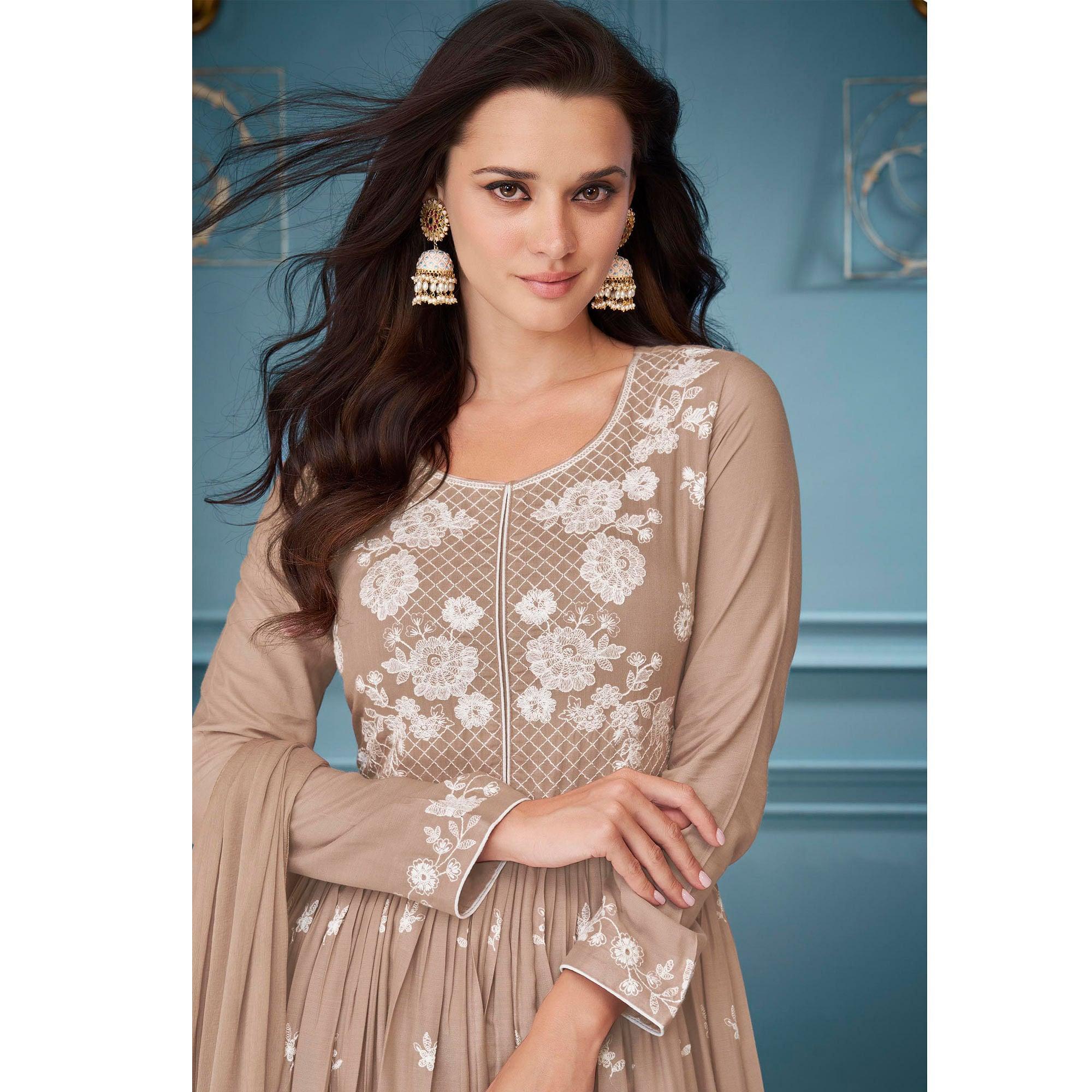 Brown Embroidered Rayon Sharara Suit - Peachmode