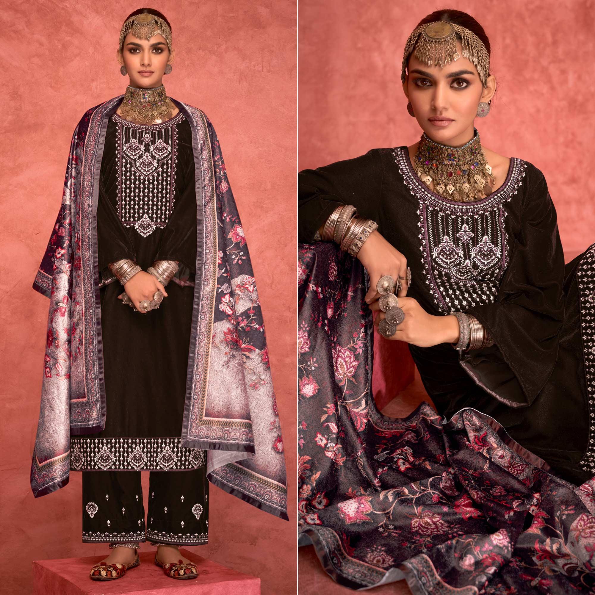 Brown Embroidered Velvet Pakistani Suit - Peachmode