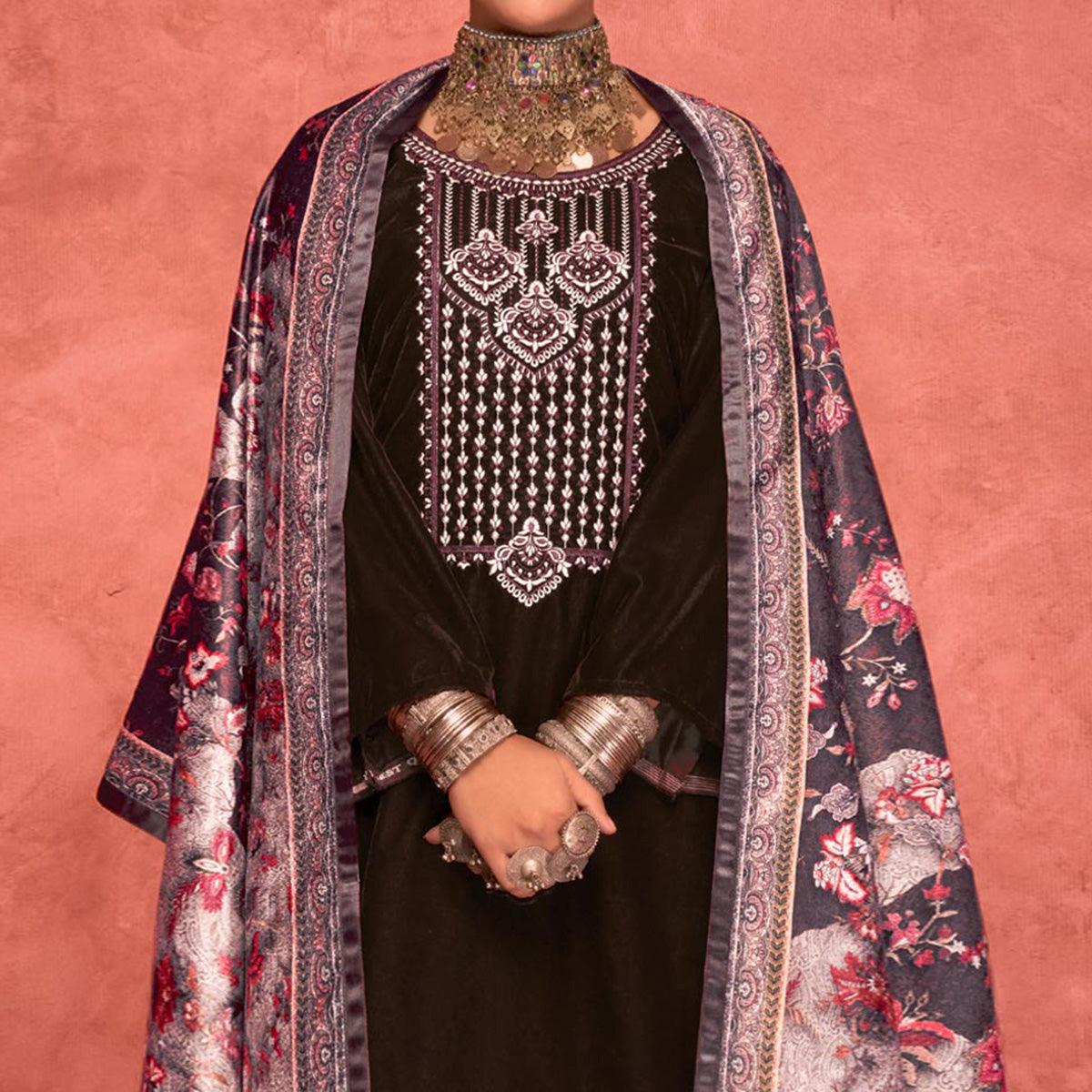 Brown Embroidered Velvet Pakistani Suit - Peachmode