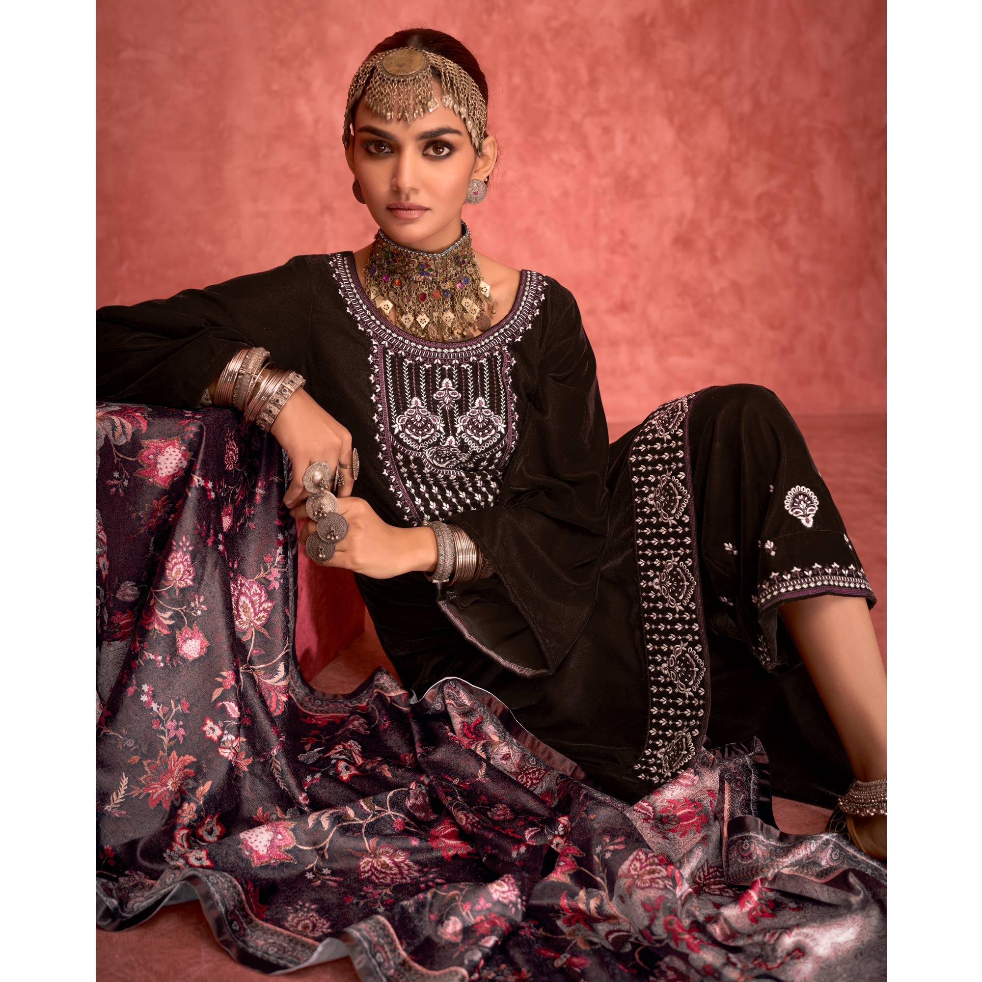 Brown Embroidered Velvet Pakistani Suit - Peachmode