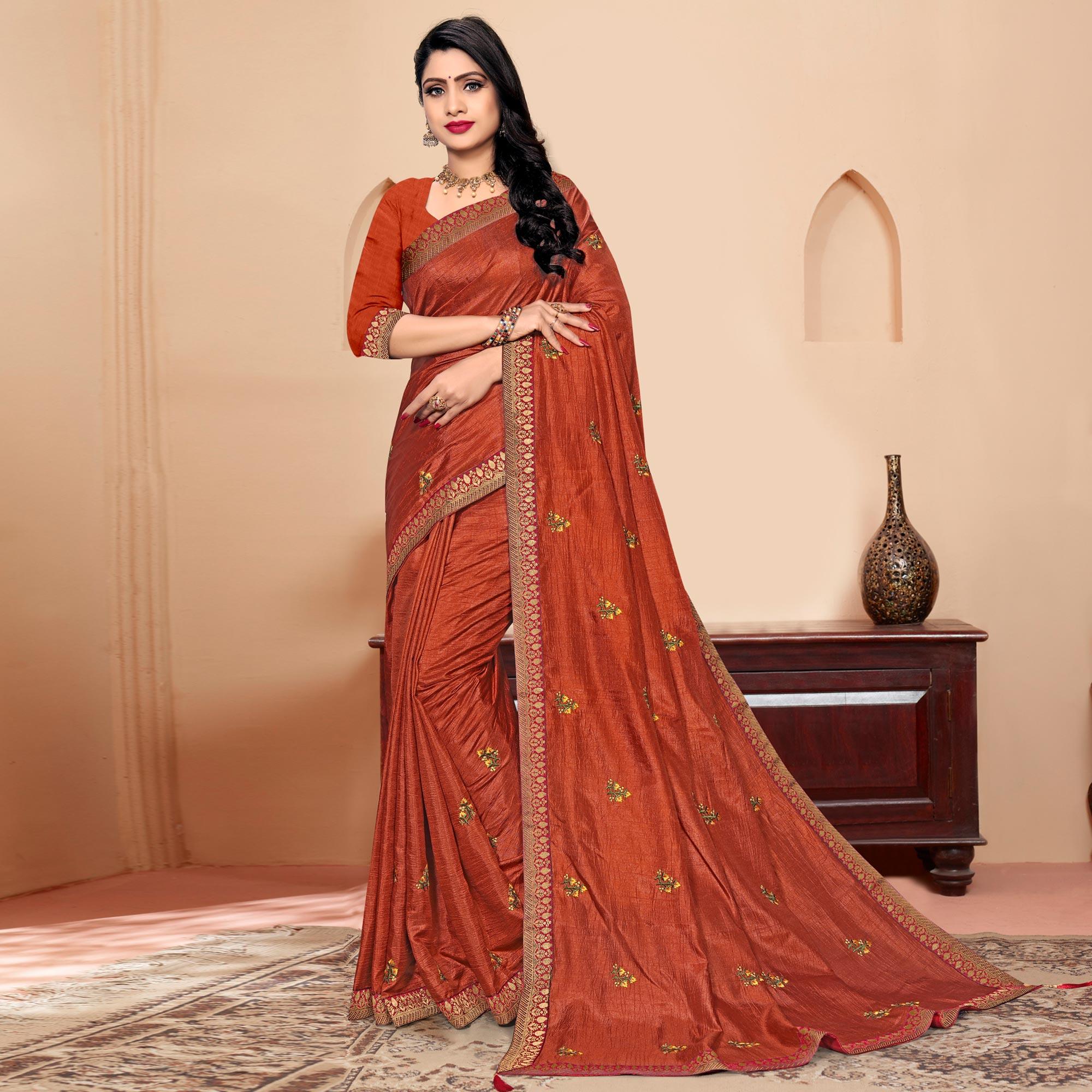 Brown Embroidered Vichitra Silk Saree - Peachmode