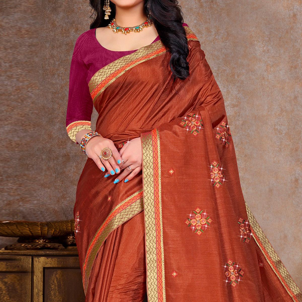 Brown Embroidered Vichitra Silk Saree - Peachmode