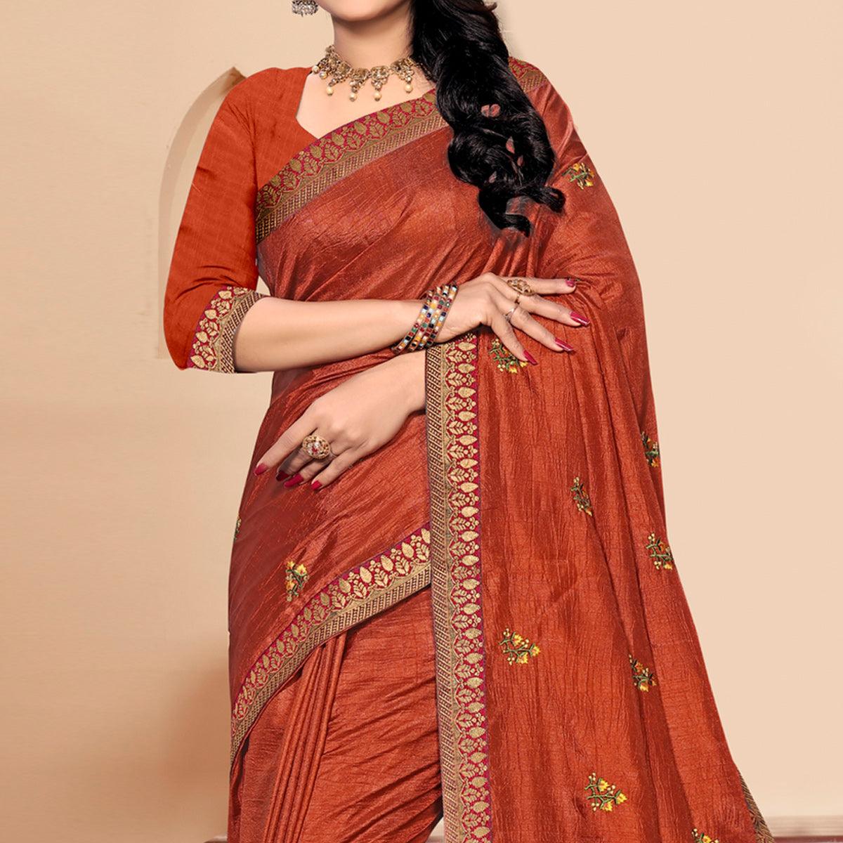 Brown Embroidered Vichitra Silk Saree - Peachmode