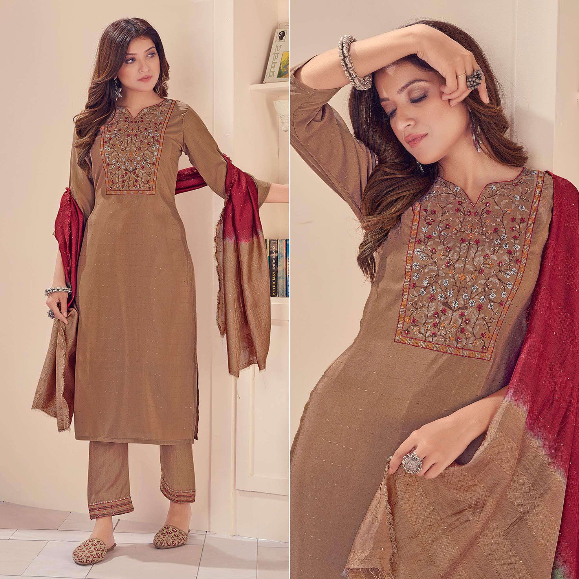 Brown Embroidered With Embellished Chiffon Kurti Pant Set With Dupatta - Peachmode