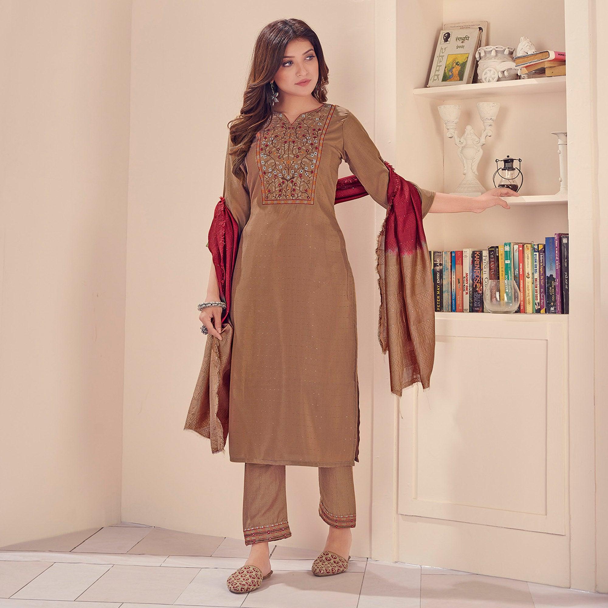 Brown Embroidered With Embellished Chiffon Kurti Pant Set With Dupatta - Peachmode