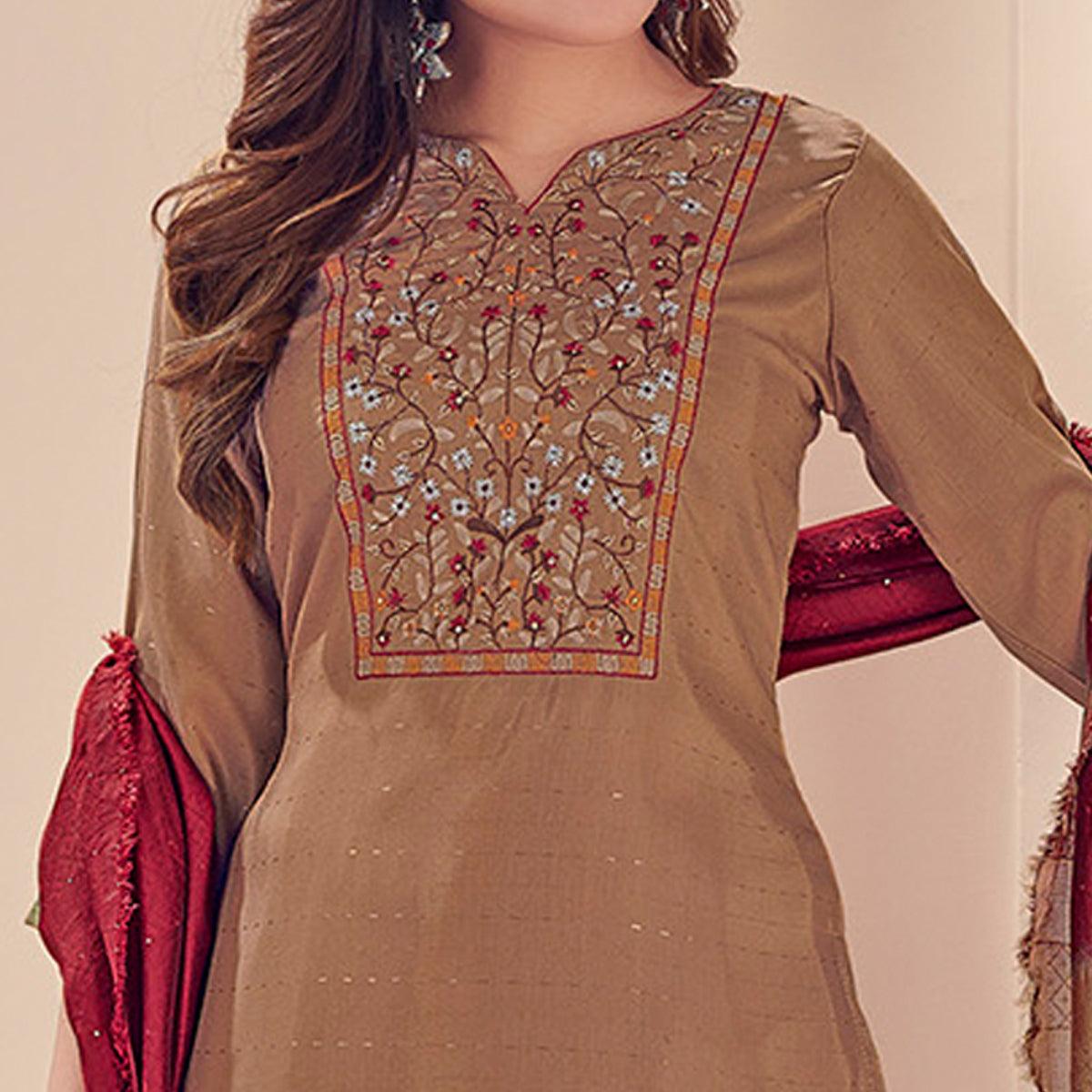 Brown Embroidered With Embellished Chiffon Kurti Pant Set With Dupatta - Peachmode