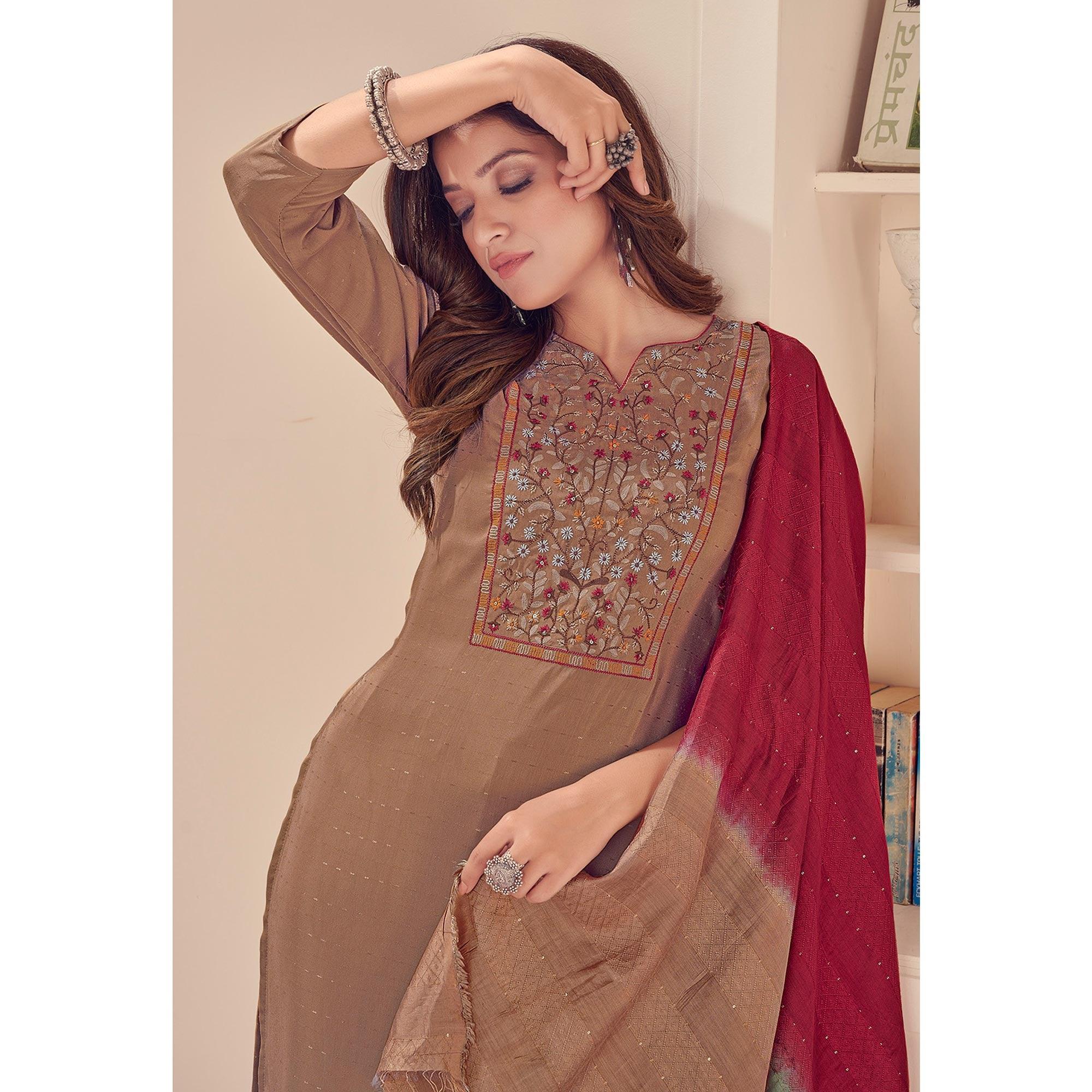 Brown Embroidered With Embellished Chiffon Kurti Pant Set With Dupatta - Peachmode