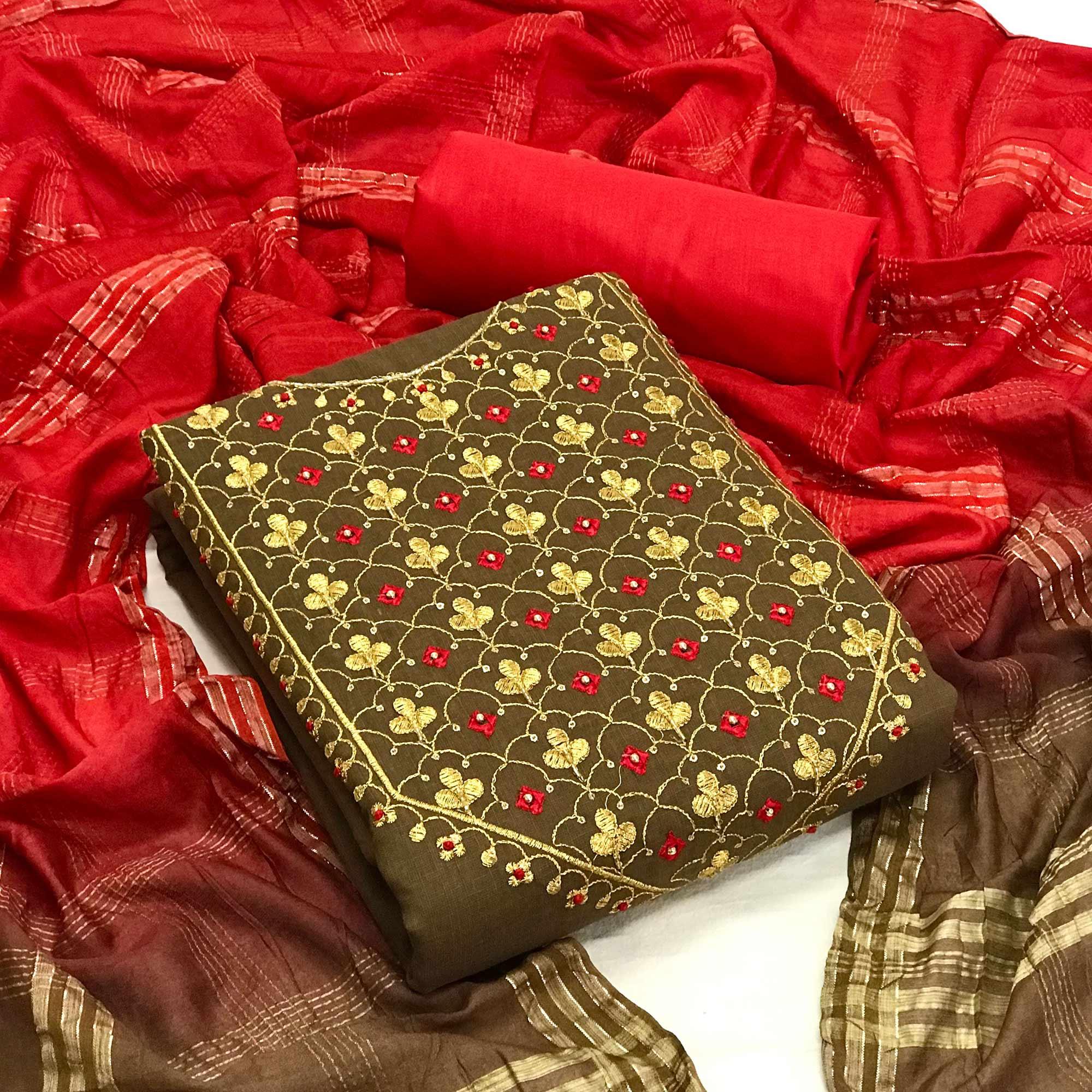 Brown Embroidered With Embellished Poly Cotton Dress Material - Peachmode