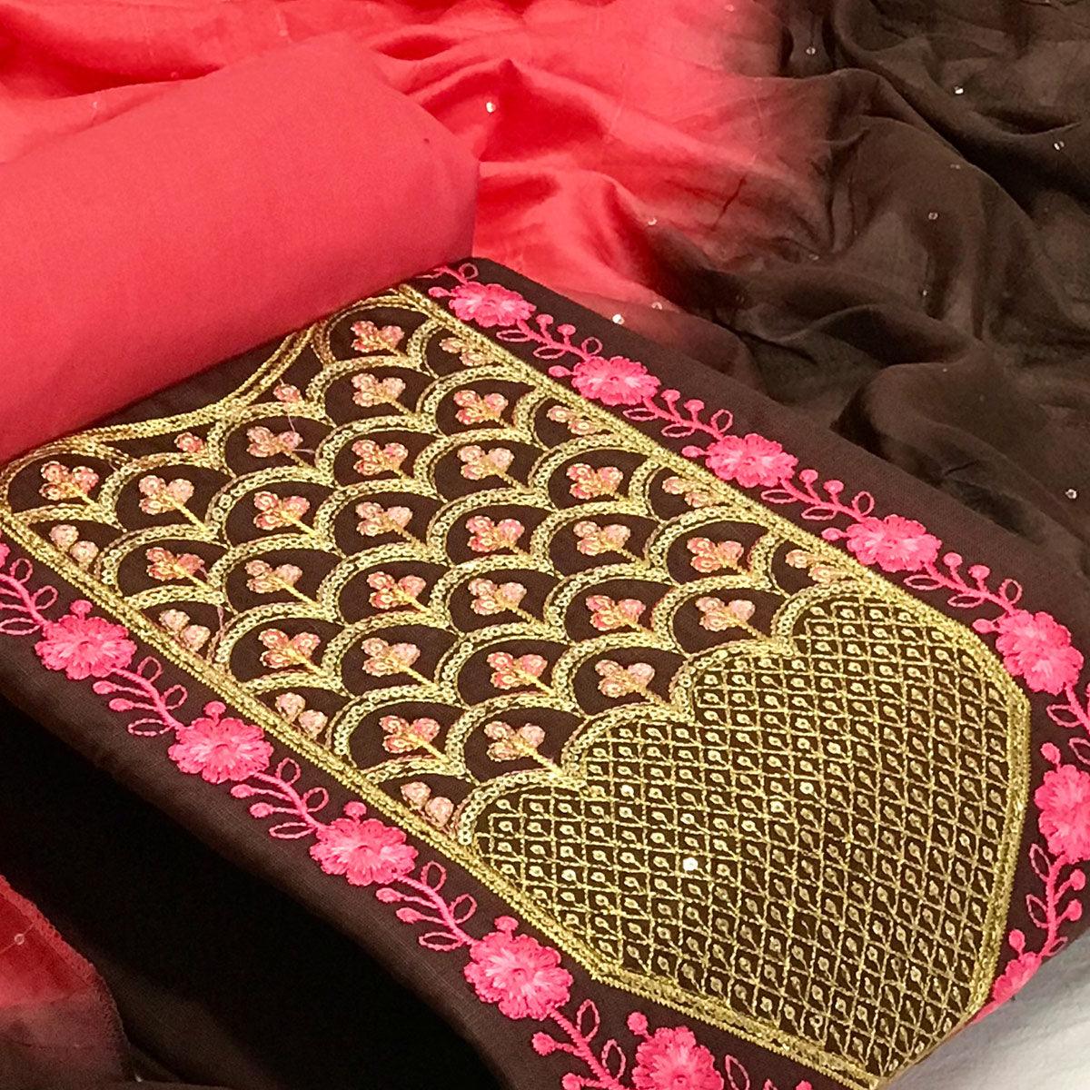 Brown Embroidered With Embellished Poly Cotton Dress Material - Peachmode