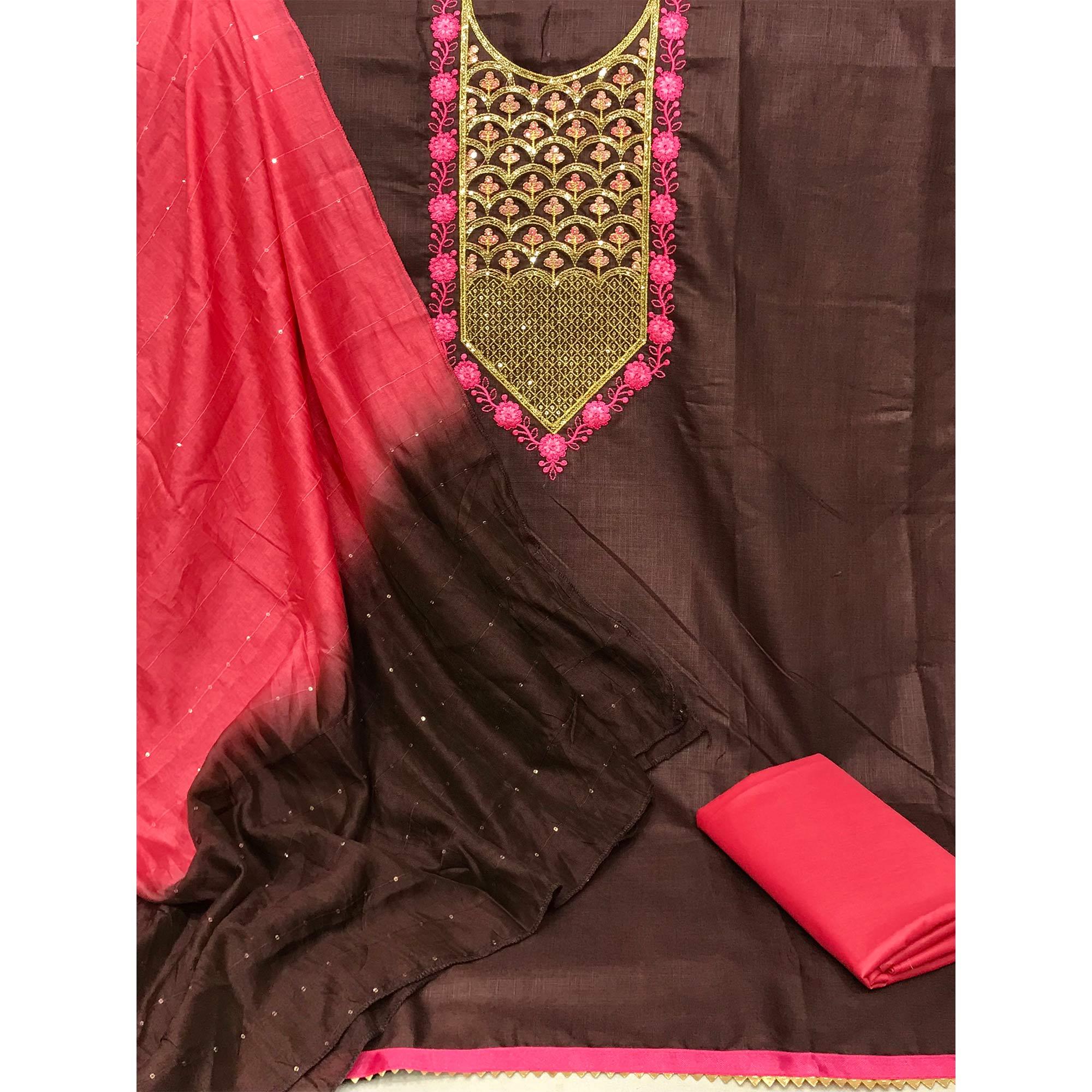 Brown Embroidered With Embellished Poly Cotton Dress Material - Peachmode