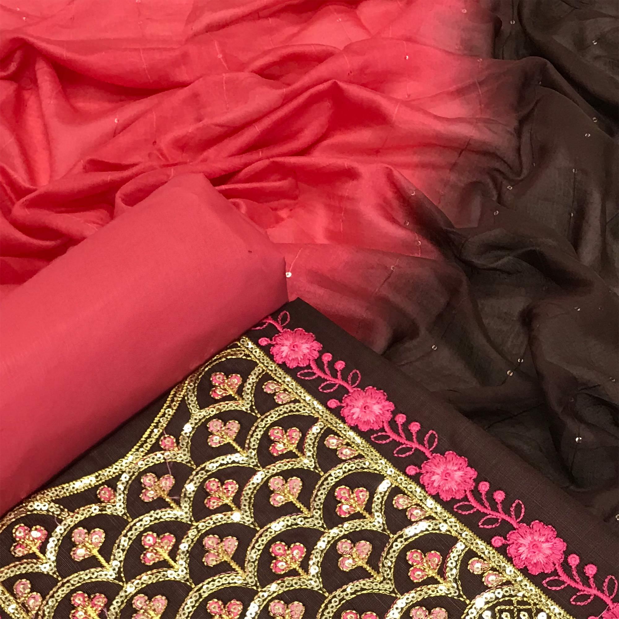 Brown Embroidered With Embellished Poly Cotton Dress Material - Peachmode
