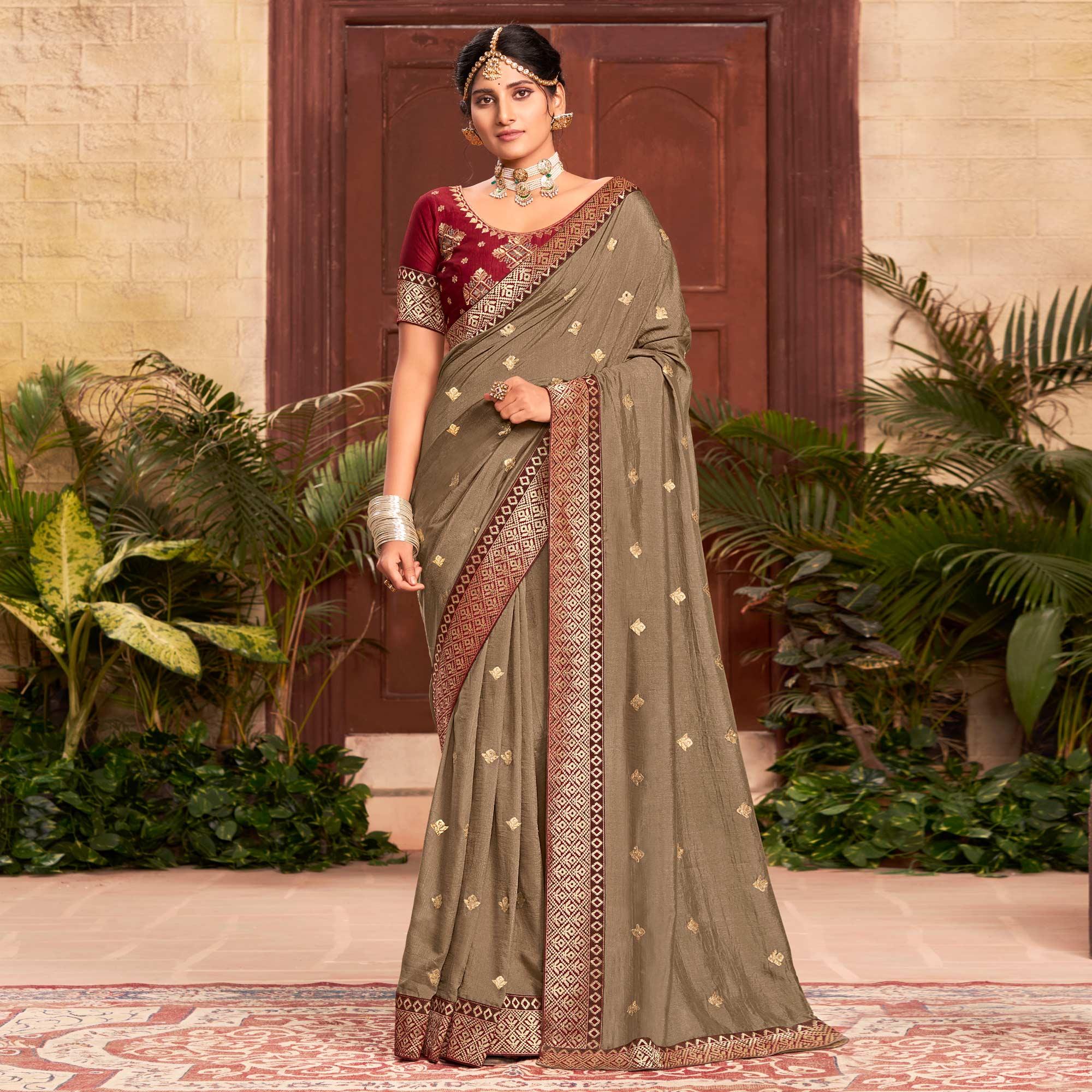 Brown Embroidered With Embellished Vichitra Silk Saree - Peachmode