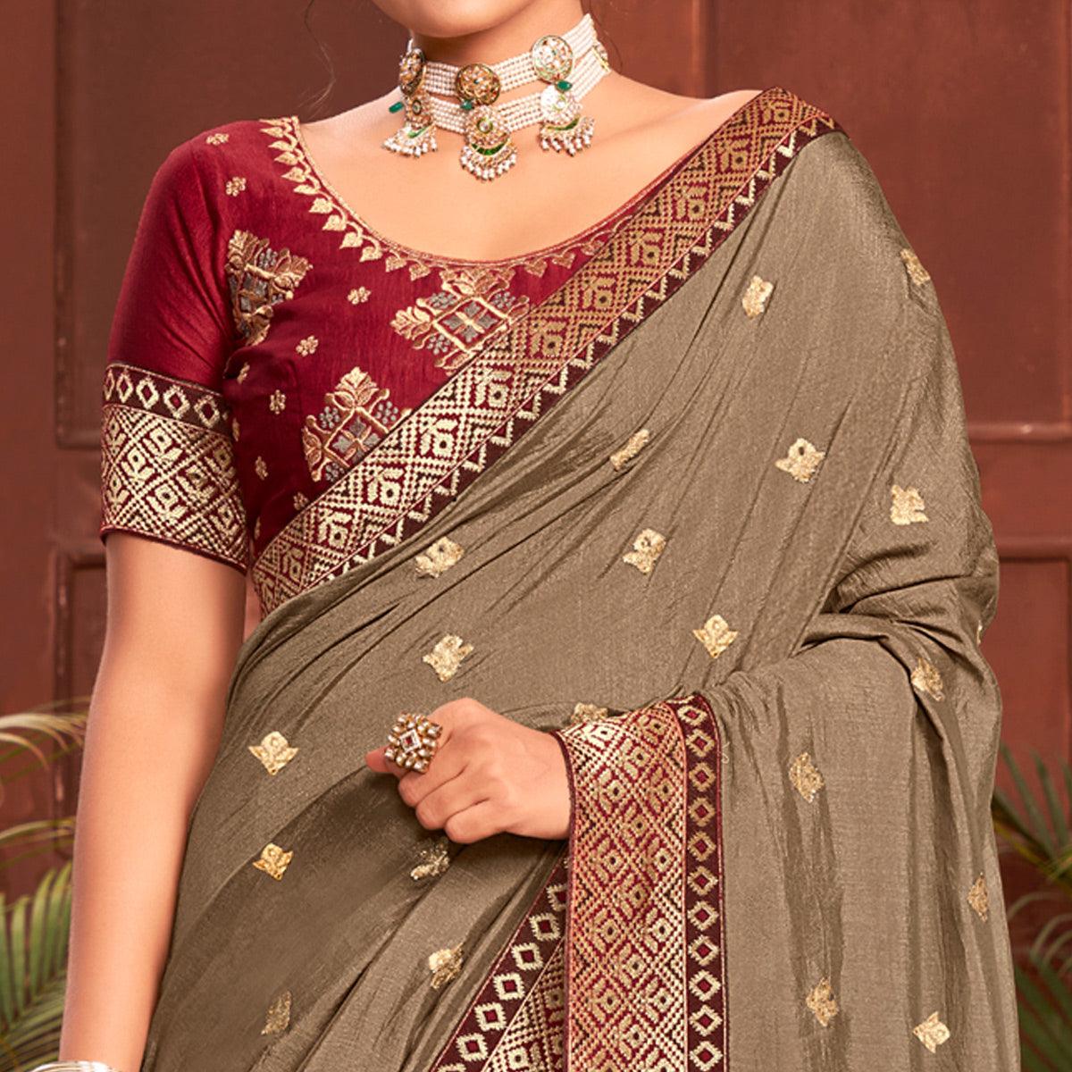 Brown Embroidered With Embellished Vichitra Silk Saree - Peachmode