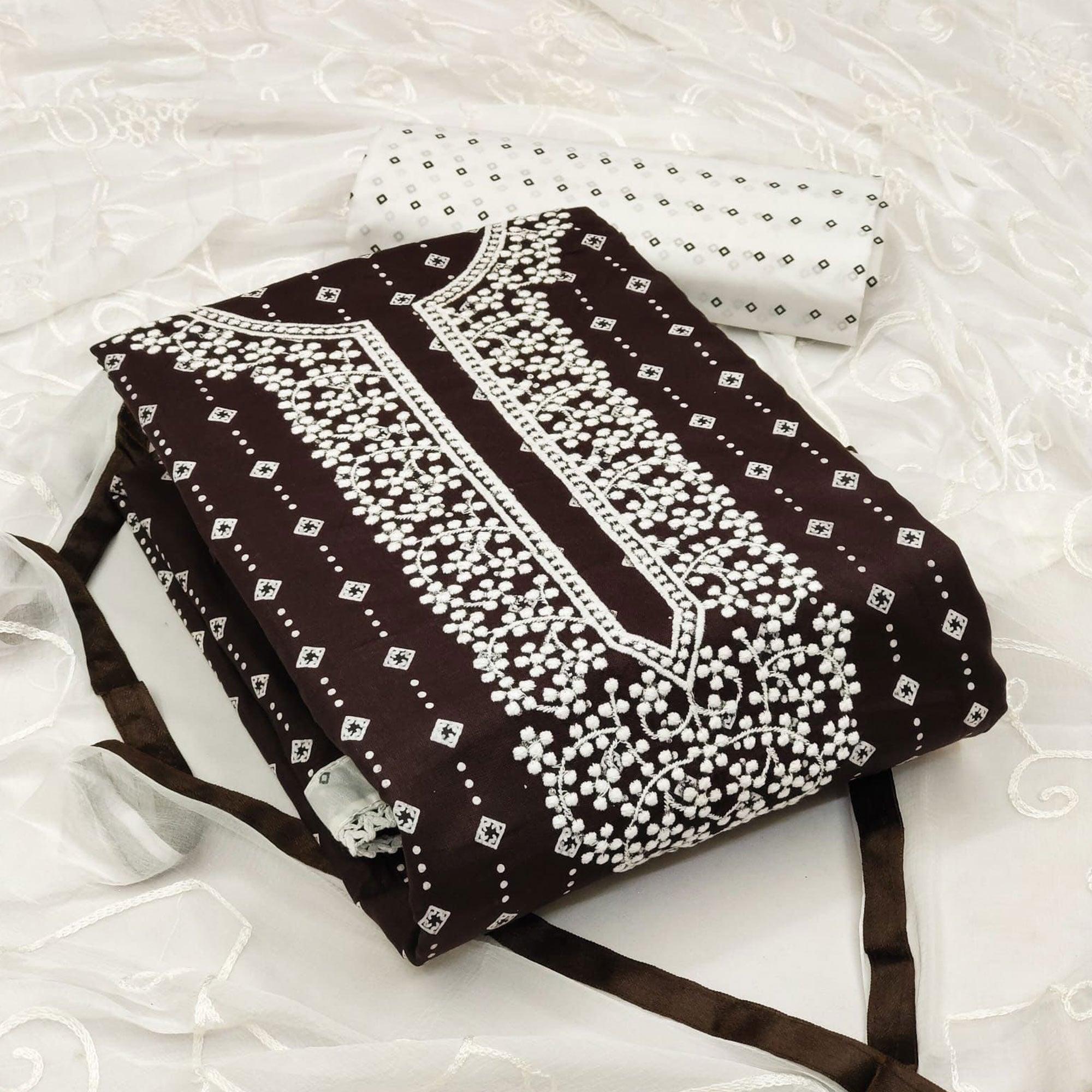 Brown Embroidered With Printed Rayon Dress Material - Peachmode