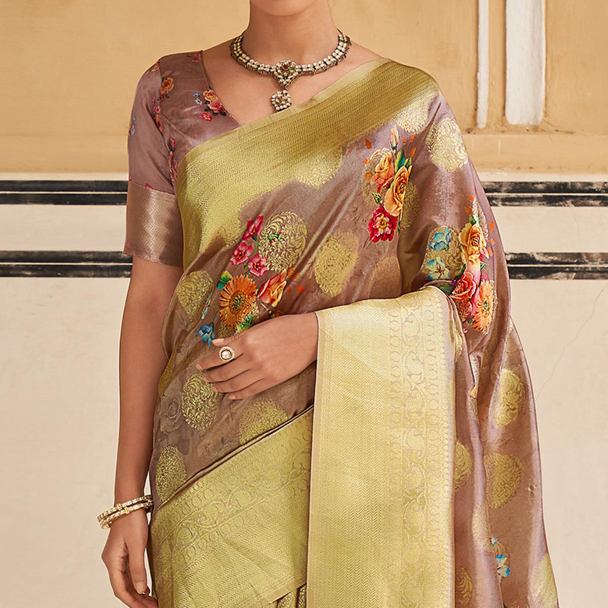 Brown Festive Wear Digital Printed Jacquard Silk Saree - Peachmode