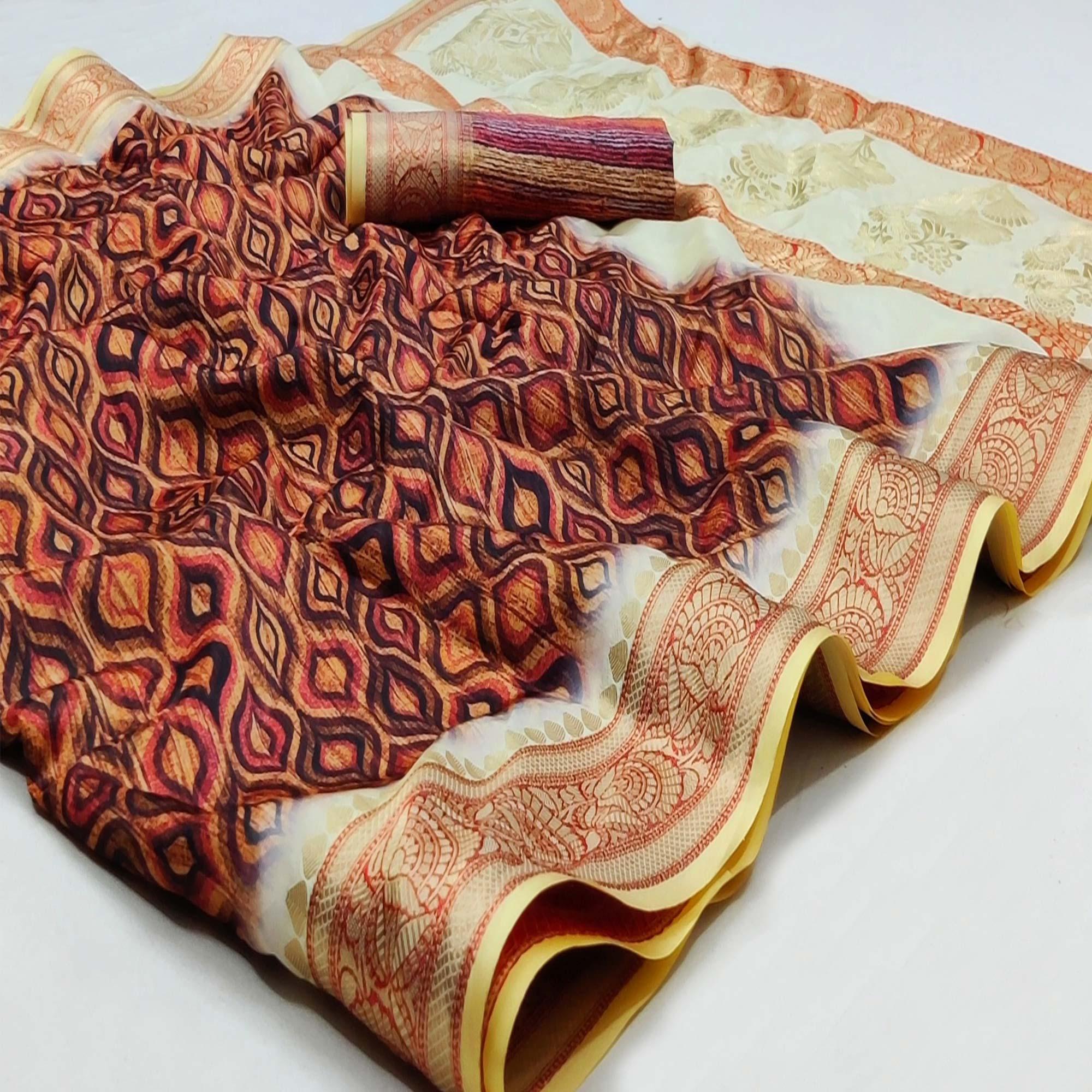 Brown Festive Wear Digital Printed Soft Silk Saree With Jacquard Border - Peachmode