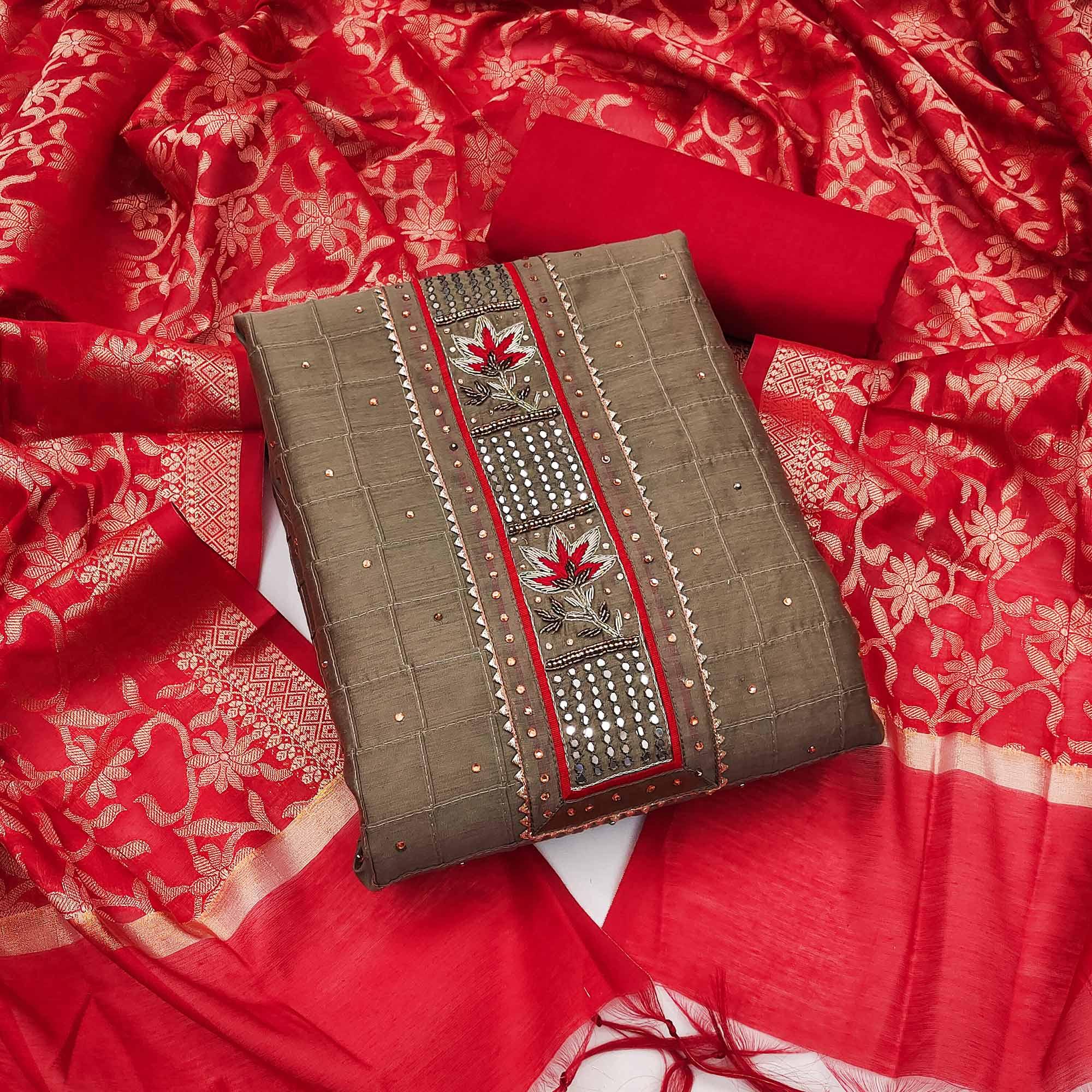 Brown Festive Wear Embellished Chanderi Dress Material - Peachmode