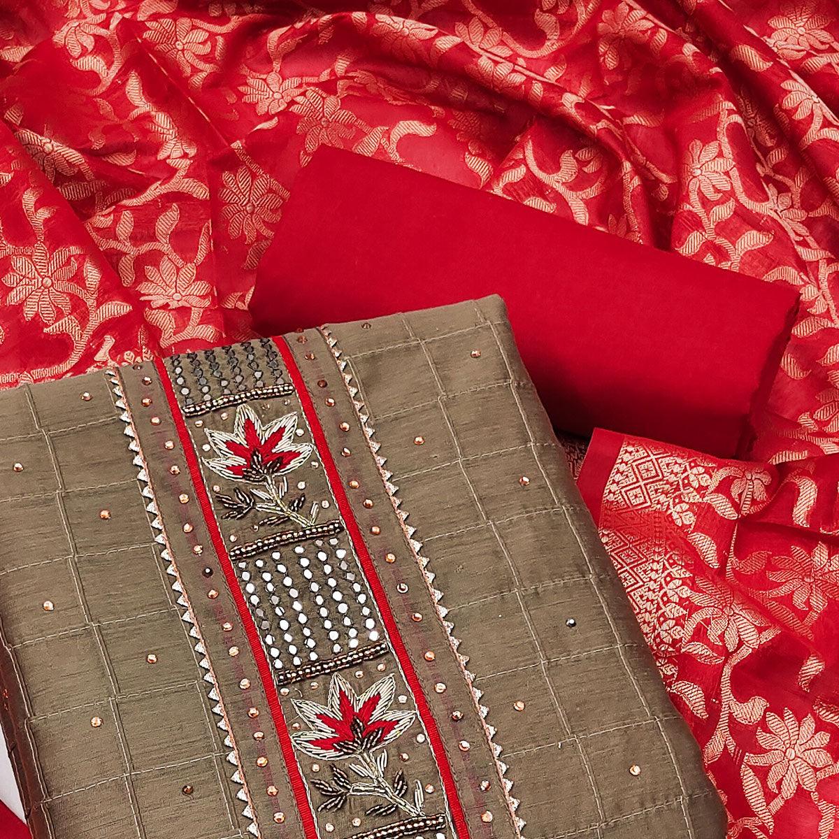 Brown Festive Wear Embellished Chanderi Dress Material - Peachmode