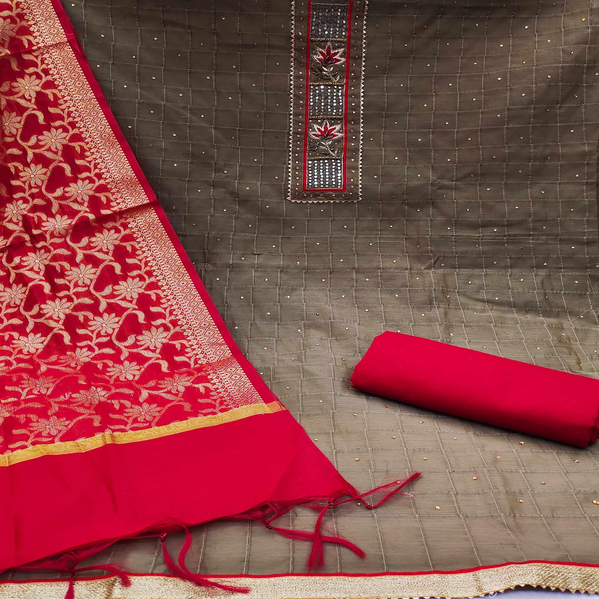 Brown Festive Wear Embellished Chanderi Dress Material - Peachmode