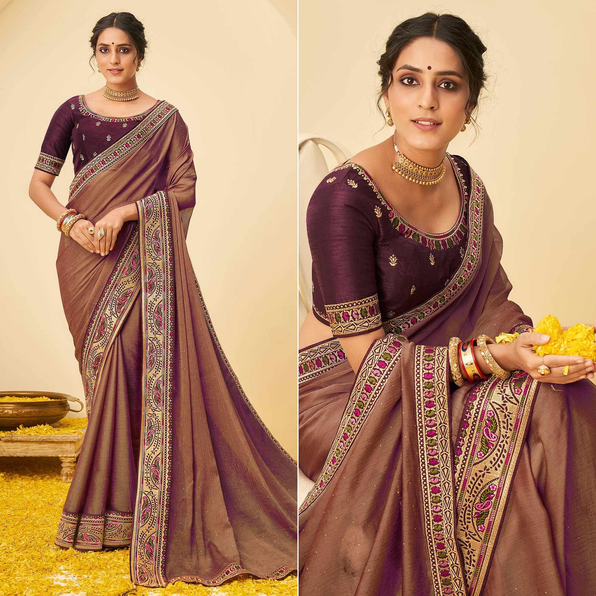 Brown Festive Wear Embellished Chiffon Saree With Heavy Lace - Peachmode