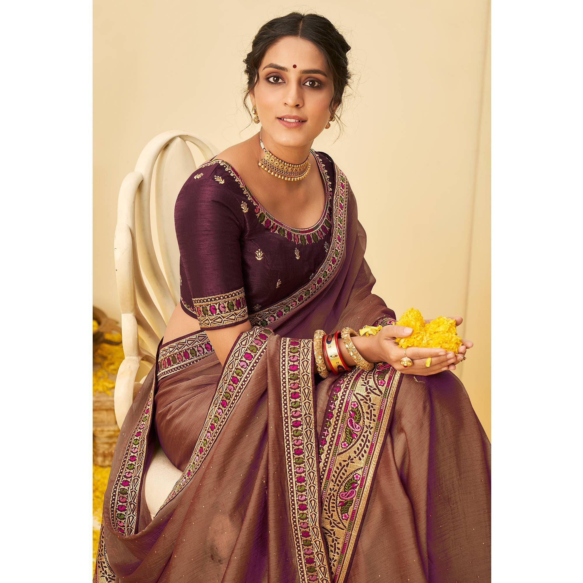 Brown Festive Wear Embellished Chiffon Saree With Heavy Lace - Peachmode