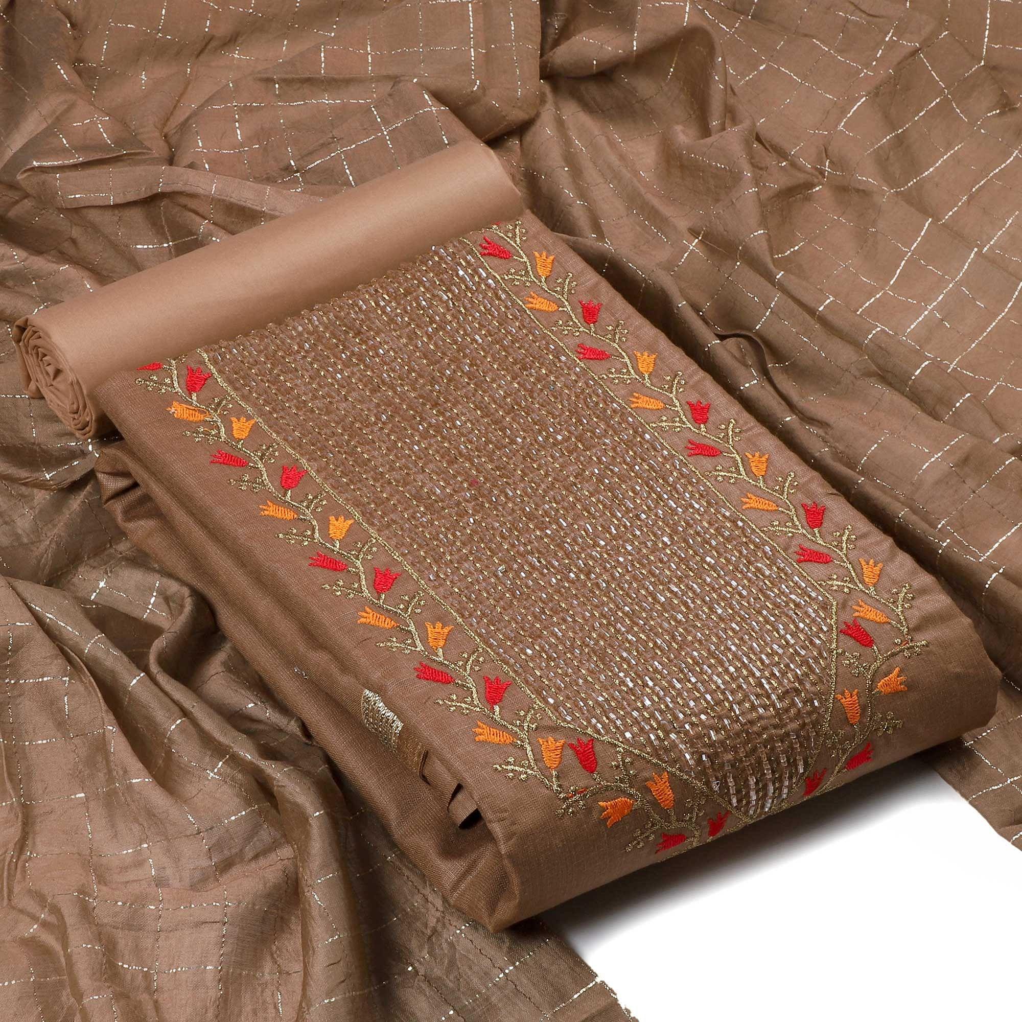 Brown Festive Wear Embroidered Cotton Dress Material - Peachmode