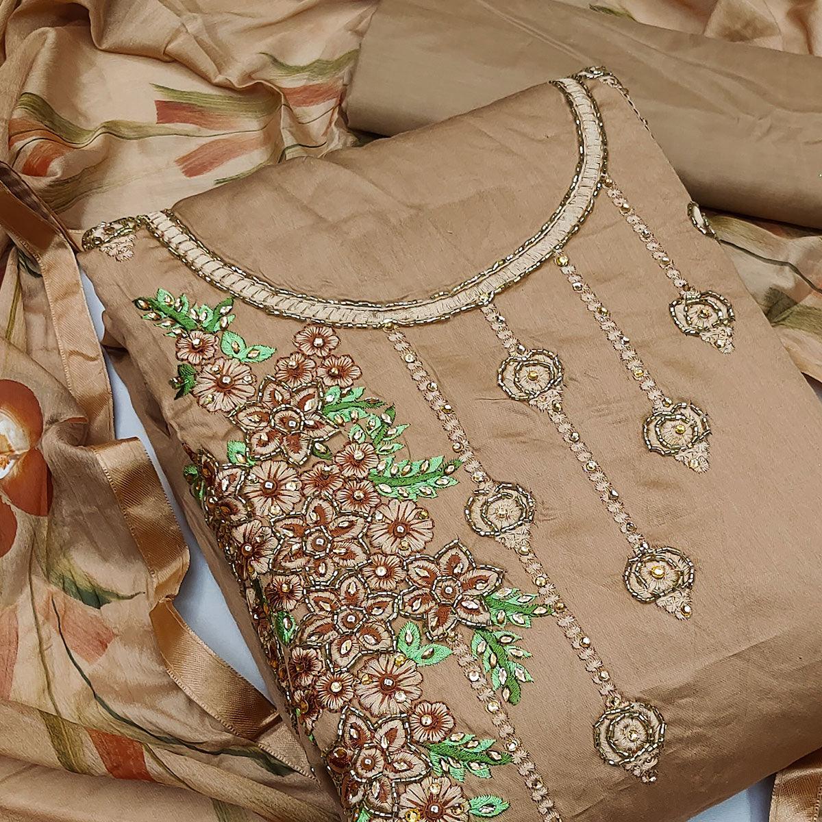 Brown Festive Wear Embroidered Cotton Dress Material - Peachmode