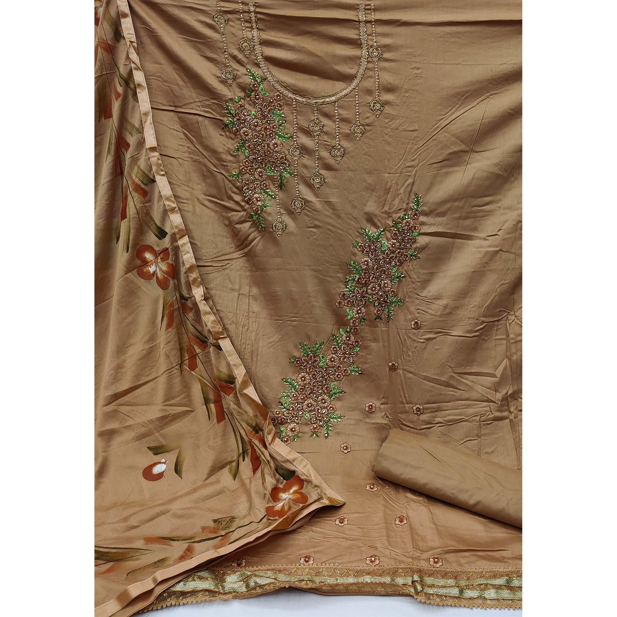 Brown Festive Wear Embroidered Cotton Dress Material - Peachmode