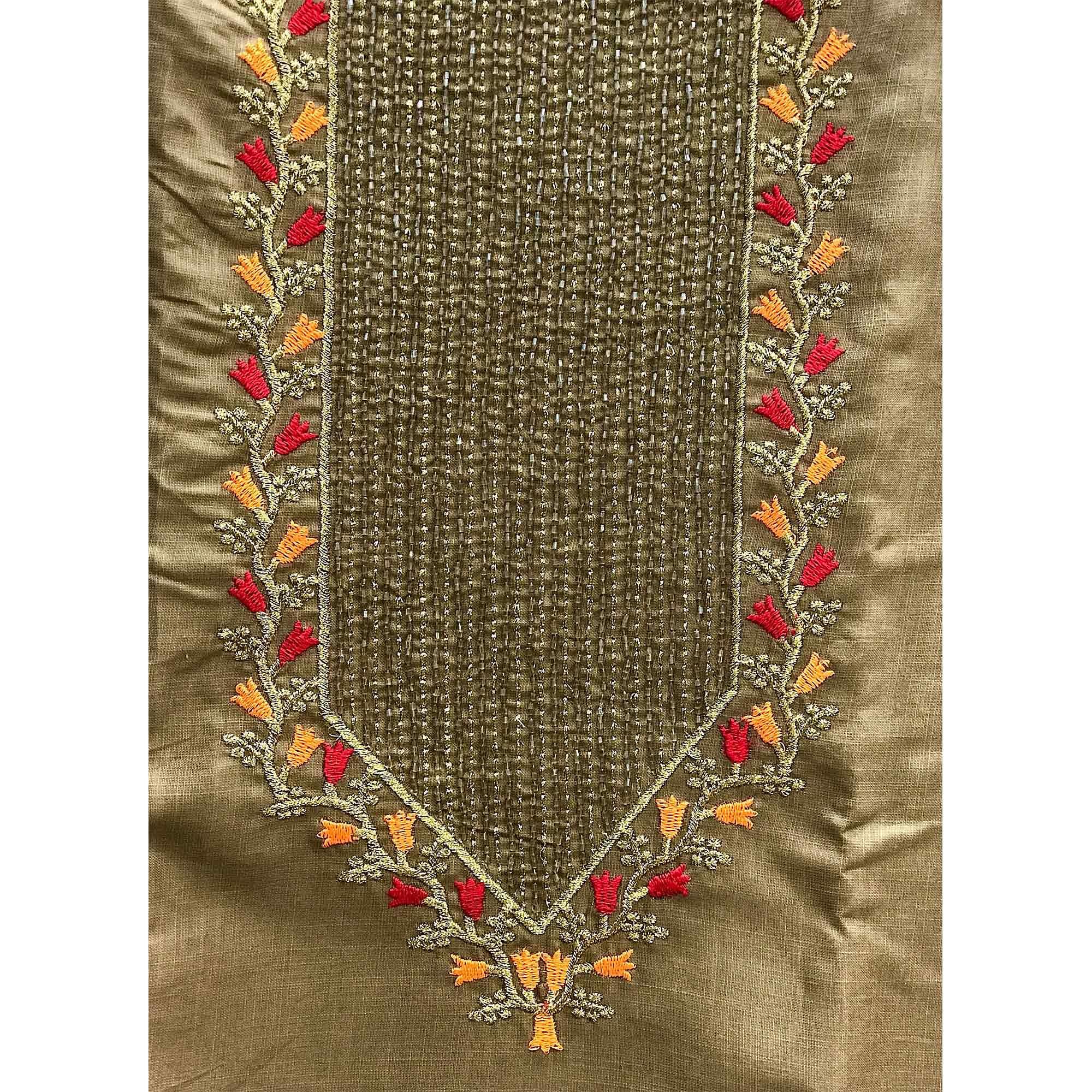 Brown Festive Wear Embroidered Cotton Dress Material - Peachmode