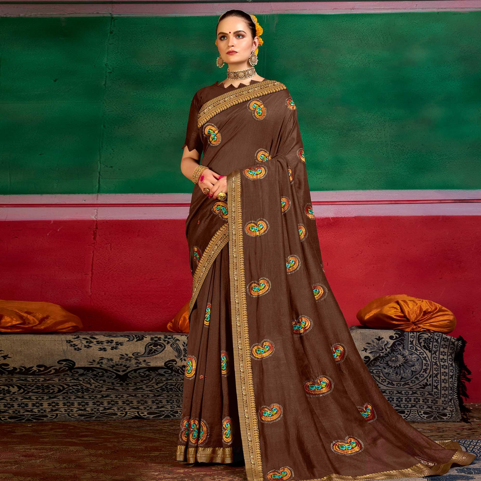 Brown Festive Wear Embroidered Dola Silk Saree - Peachmode