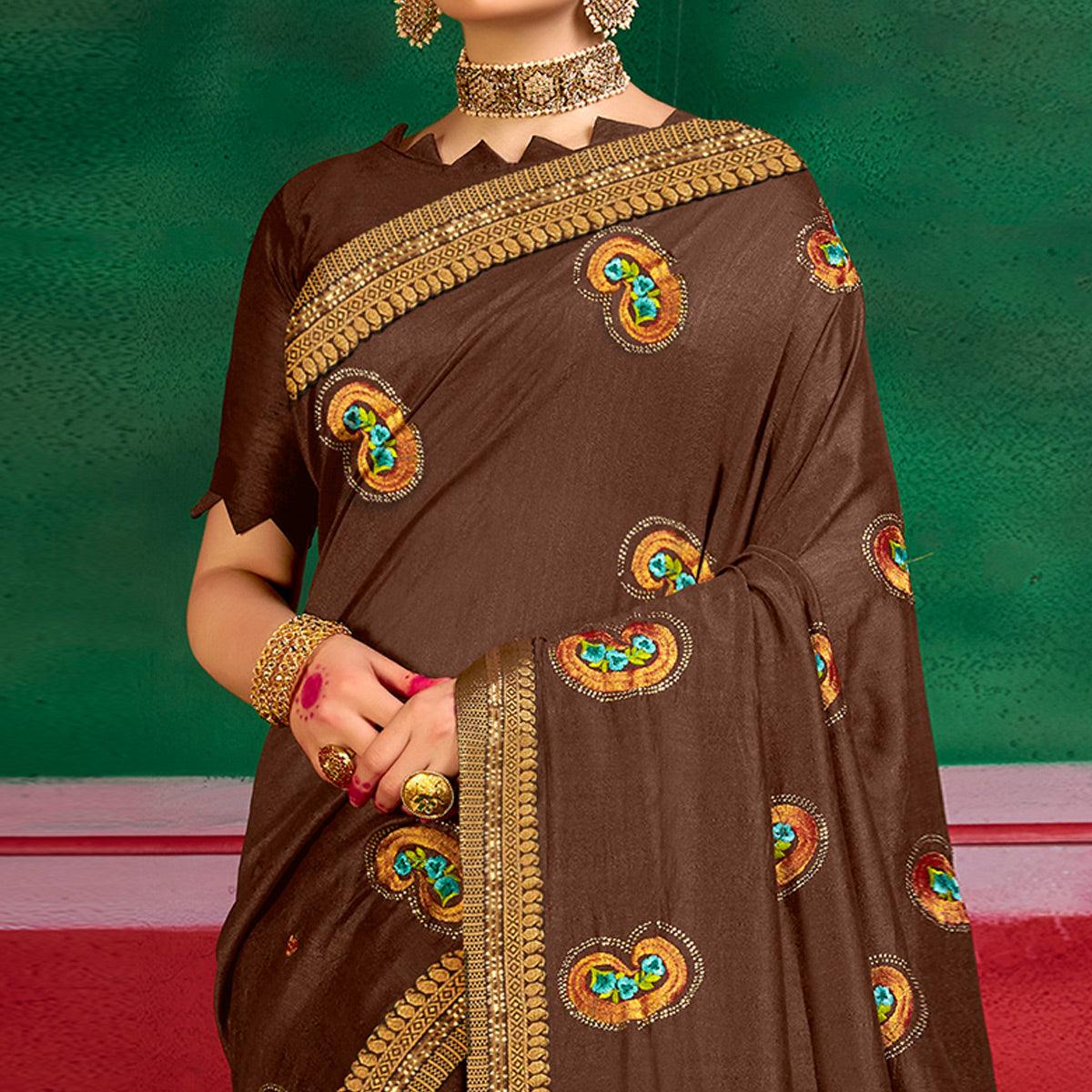 Brown Festive Wear Embroidered Dola Silk Saree - Peachmode