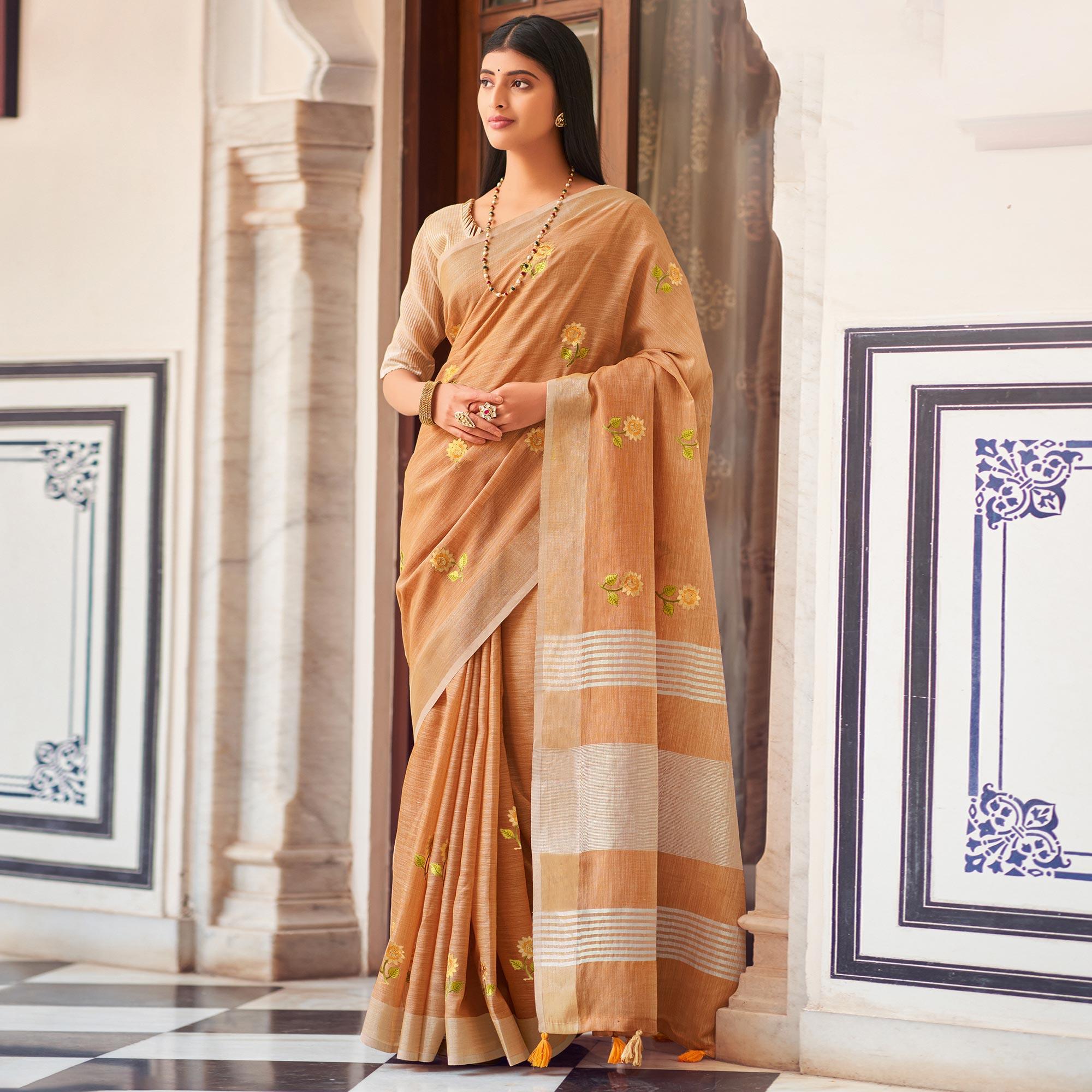 Brown Festive Wear Embroidered Linen Saree - Peachmode