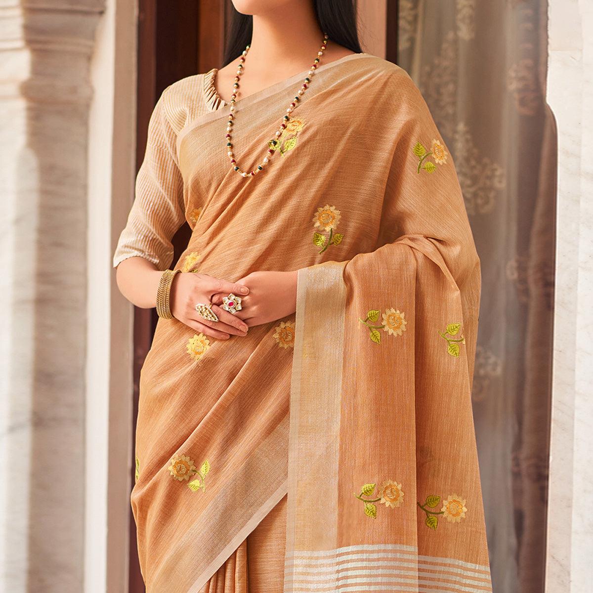 Brown Festive Wear Embroidered Linen Saree - Peachmode