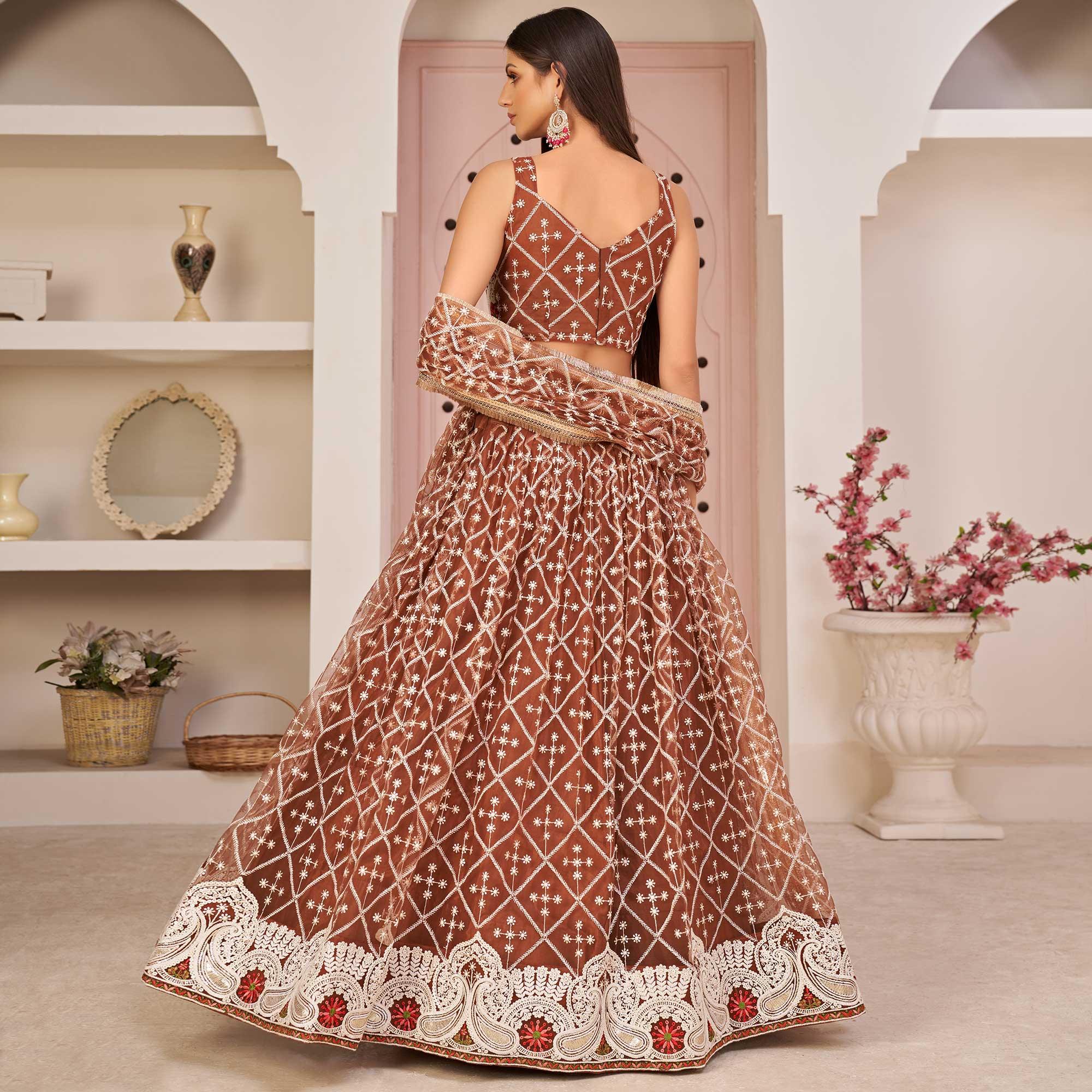 Brown Festive Wear Embroidered Mono Net Lehenga Choli - Peachmode