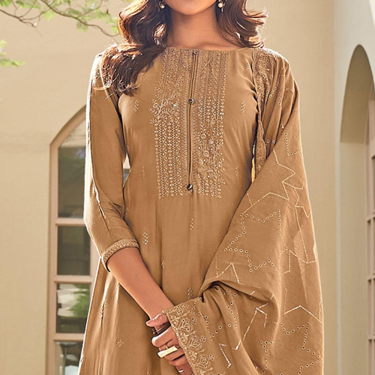 Brown Festive Wear Embroidered Muslin Palazzo Suit - Peachmode