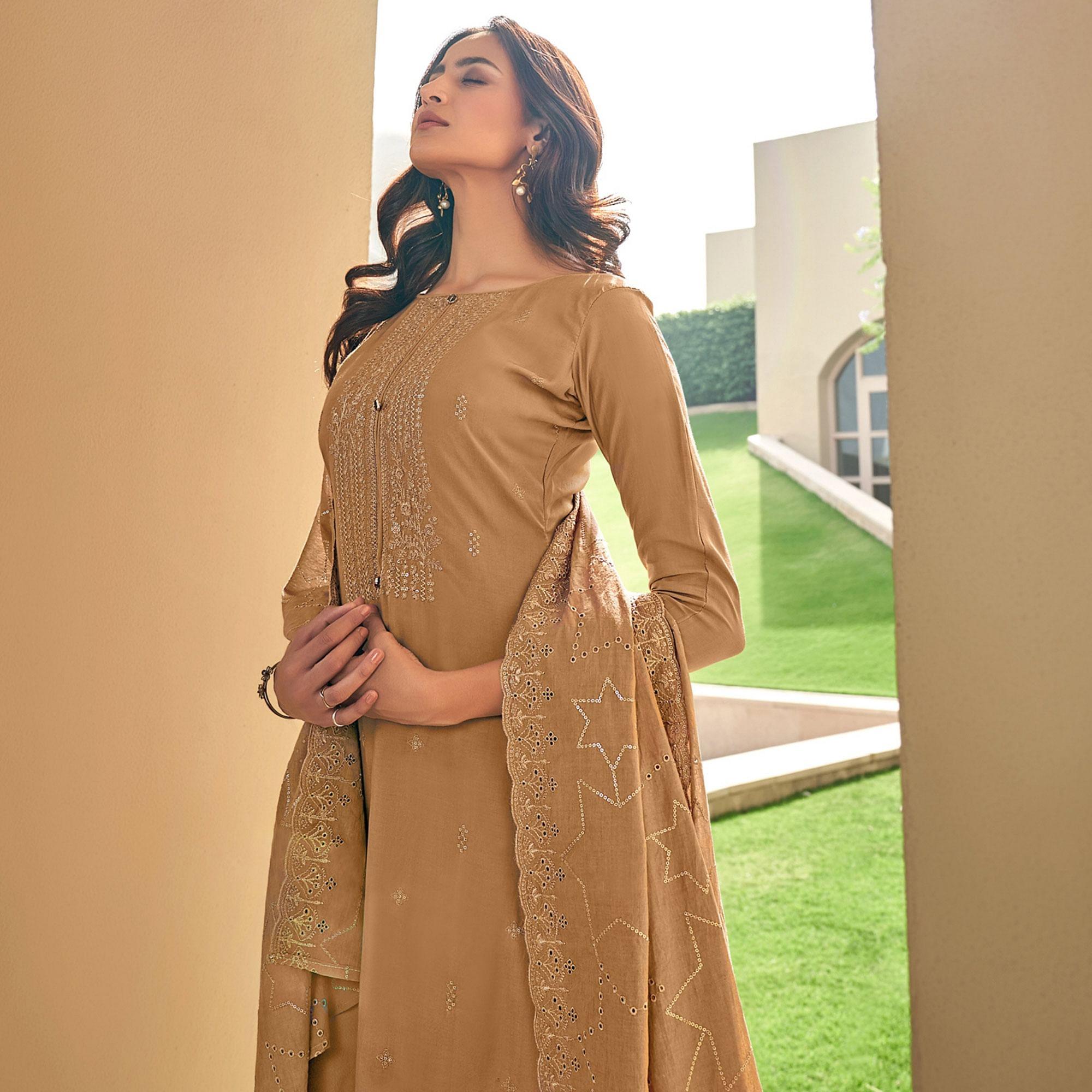 Brown Festive Wear Embroidered Muslin Palazzo Suit - Peachmode
