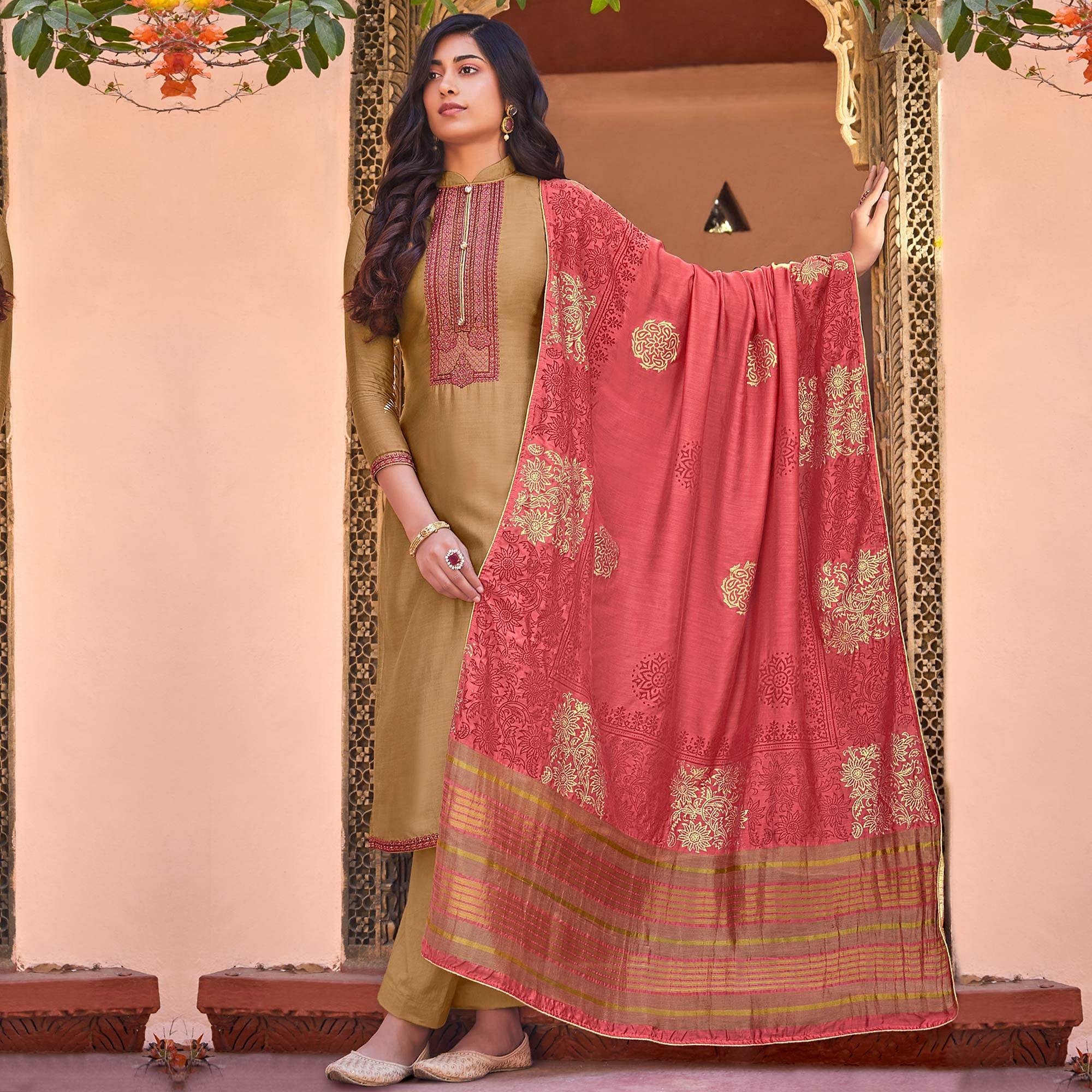Brown Festive Wear Embroidered Viscose Cotton Silk Salwar Suit - Peachmode