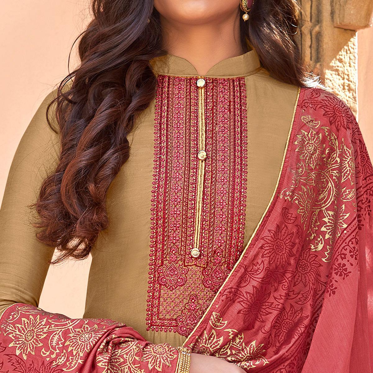 Brown Festive Wear Embroidered Viscose Cotton Silk Salwar Suit - Peachmode
