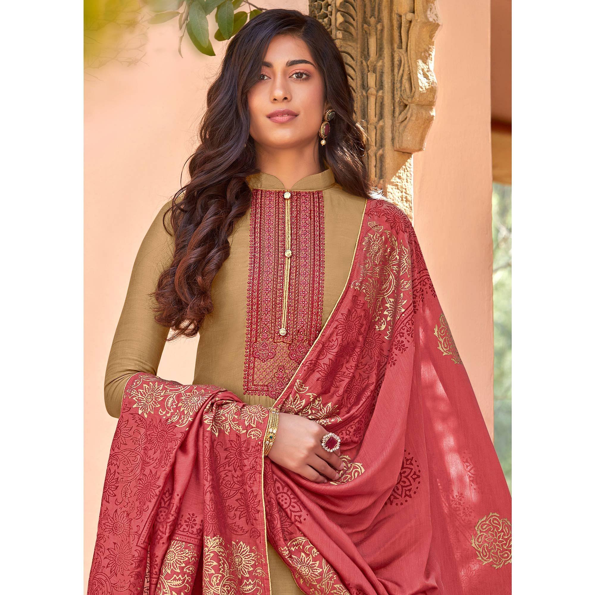 Brown Festive Wear Embroidered Viscose Cotton Silk Salwar Suit - Peachmode